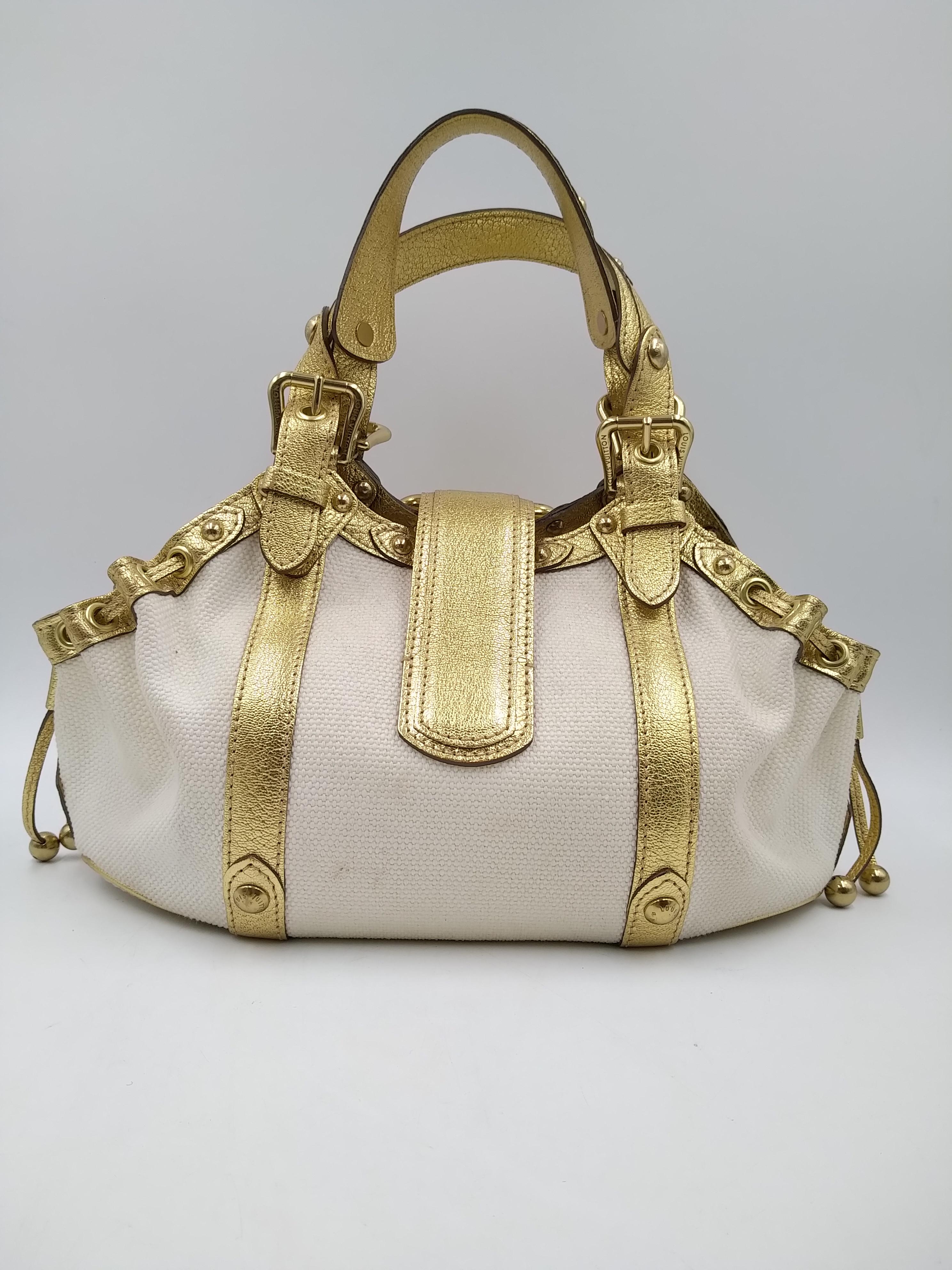 Louis Vuitton Theda Borsa in pelle canvas oro e beige ecru GM, 2004 In condizioni buone in vendita a Lugano, Ticino