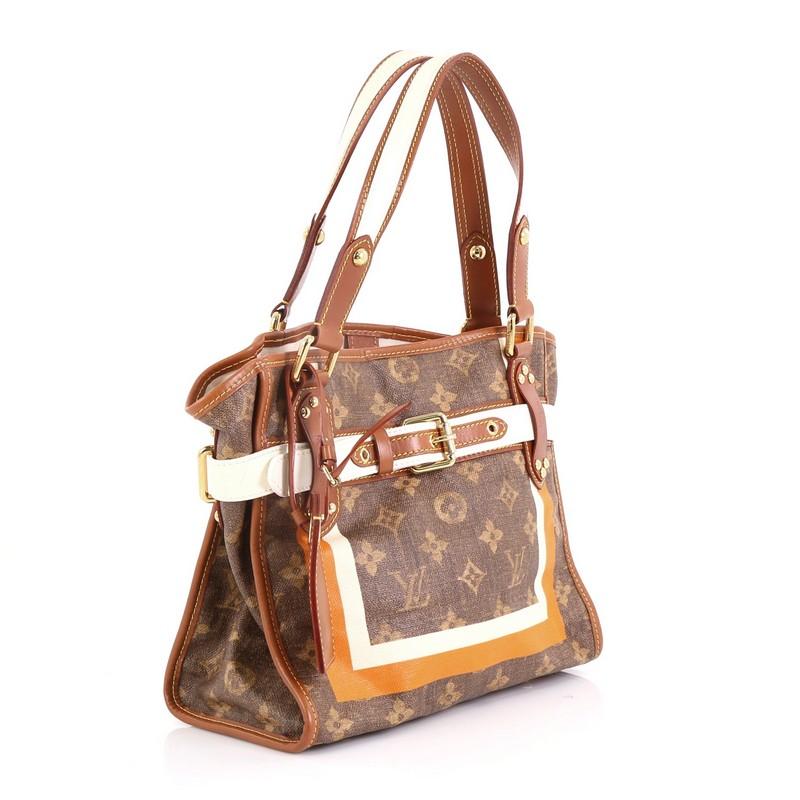 This Louis Vuitton Tisse Sac Handbag Limited Edition Monogram Rayures PM, crafted with brown monogram coated canvas, features dual leather handles, leather trim, belt with front buckle, hand-painted details, and gold-tone hardware. Its snap button