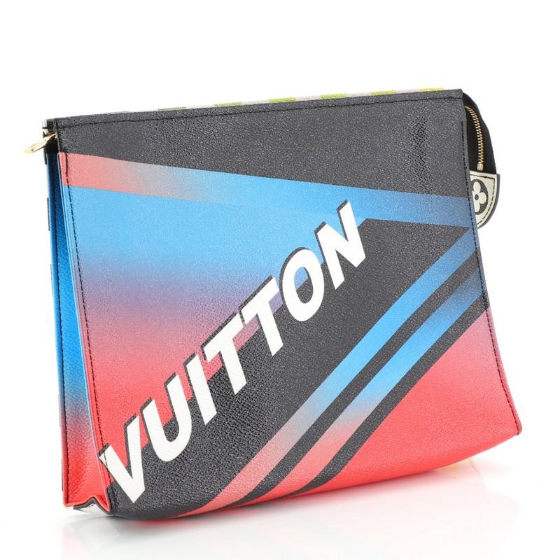 This Louis Vuitton Toiletry Pouch Limited Edition Race Leather 26, crafted in yellow multicolor leather, features gold-tone hardware. Its zip closure opens to a black microfiber interior. Authenticity code reads: DU4106. 

Estimated Retail Price: