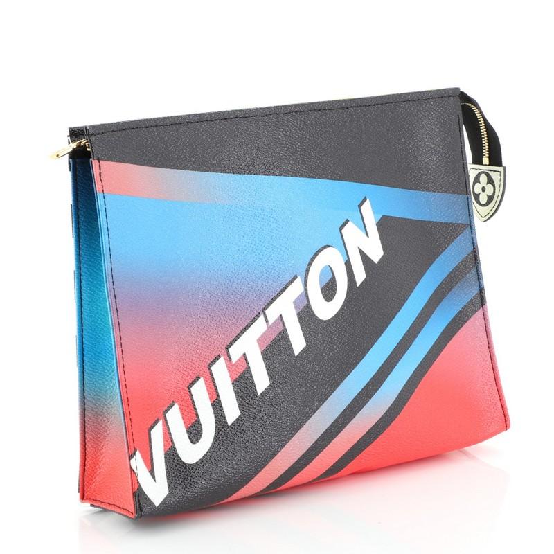 This Louis Vuitton Toiletry Pouch Limited Edition Race Leather 26, crafted in multicolor leather, features gold-tone hardware. Its zip closure opens to a black microfiber interior. Authenticity code reads: DU4106. 

Condition: Excellent. Minor wear