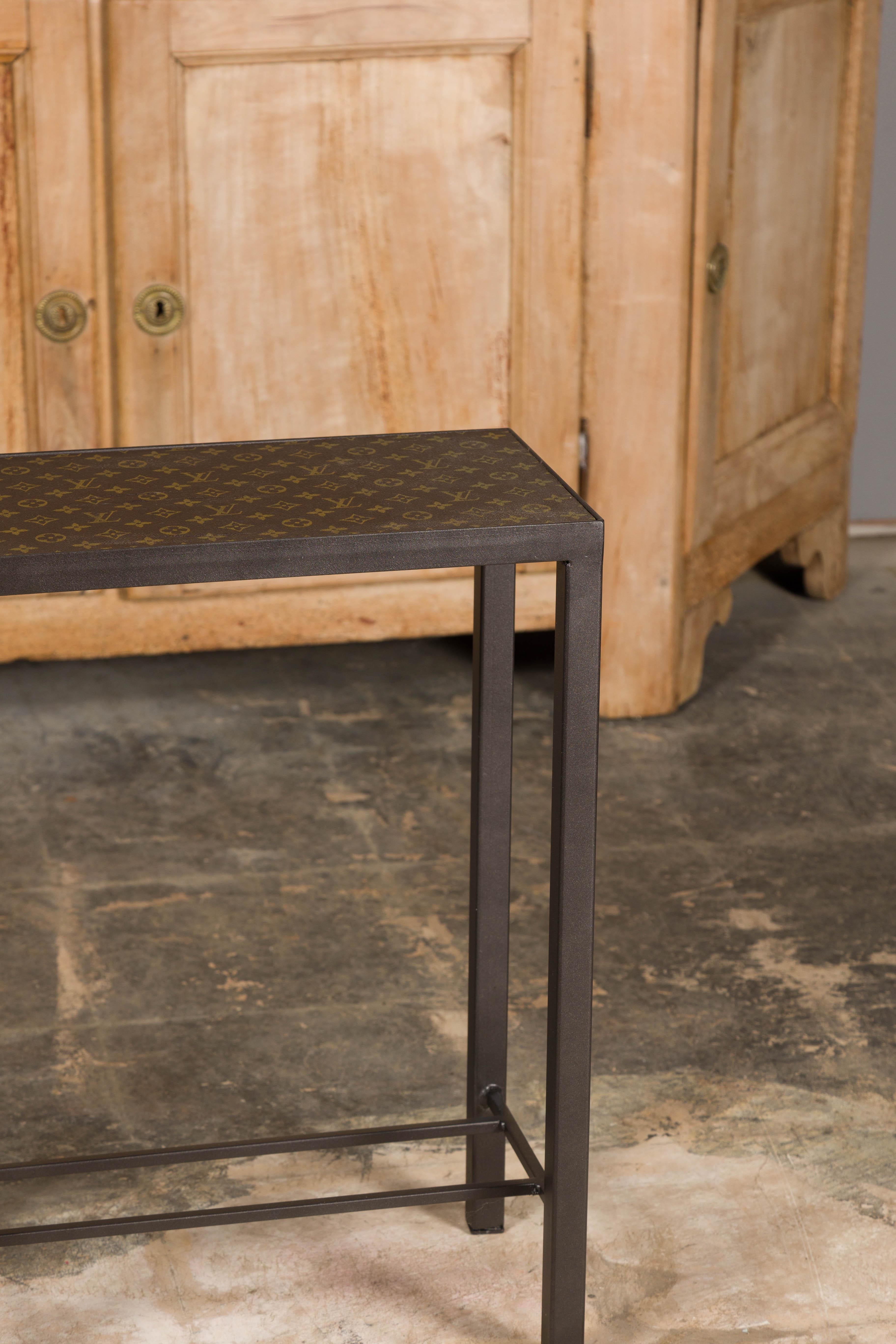 Louis Vuitton Top Small Side Table with Custom Metal Base and Cross Stretchers For Sale 6