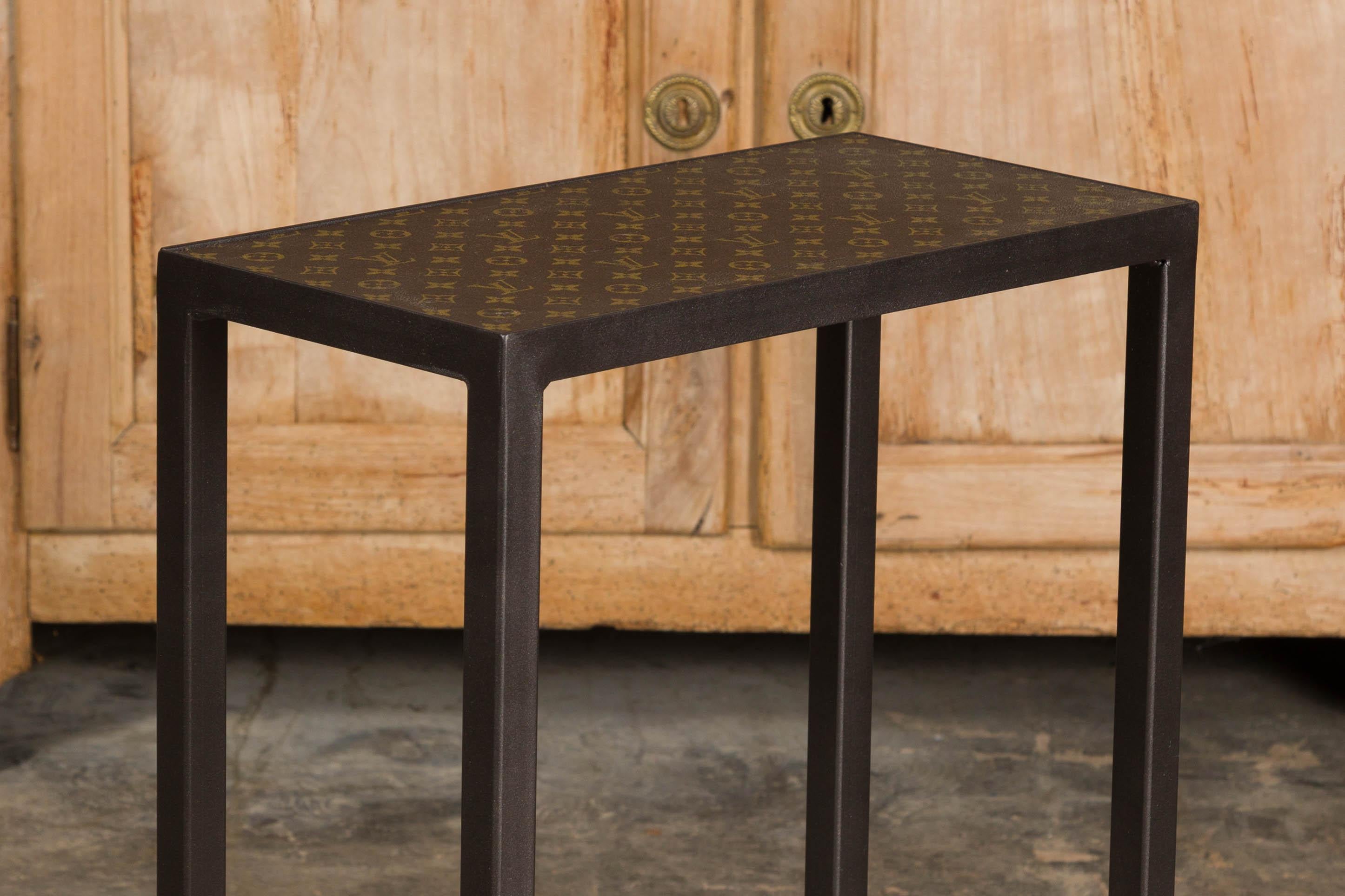 Louis Vuitton Top Small Side Table with Custom Metal Base and Cross Stretchers For Sale 7