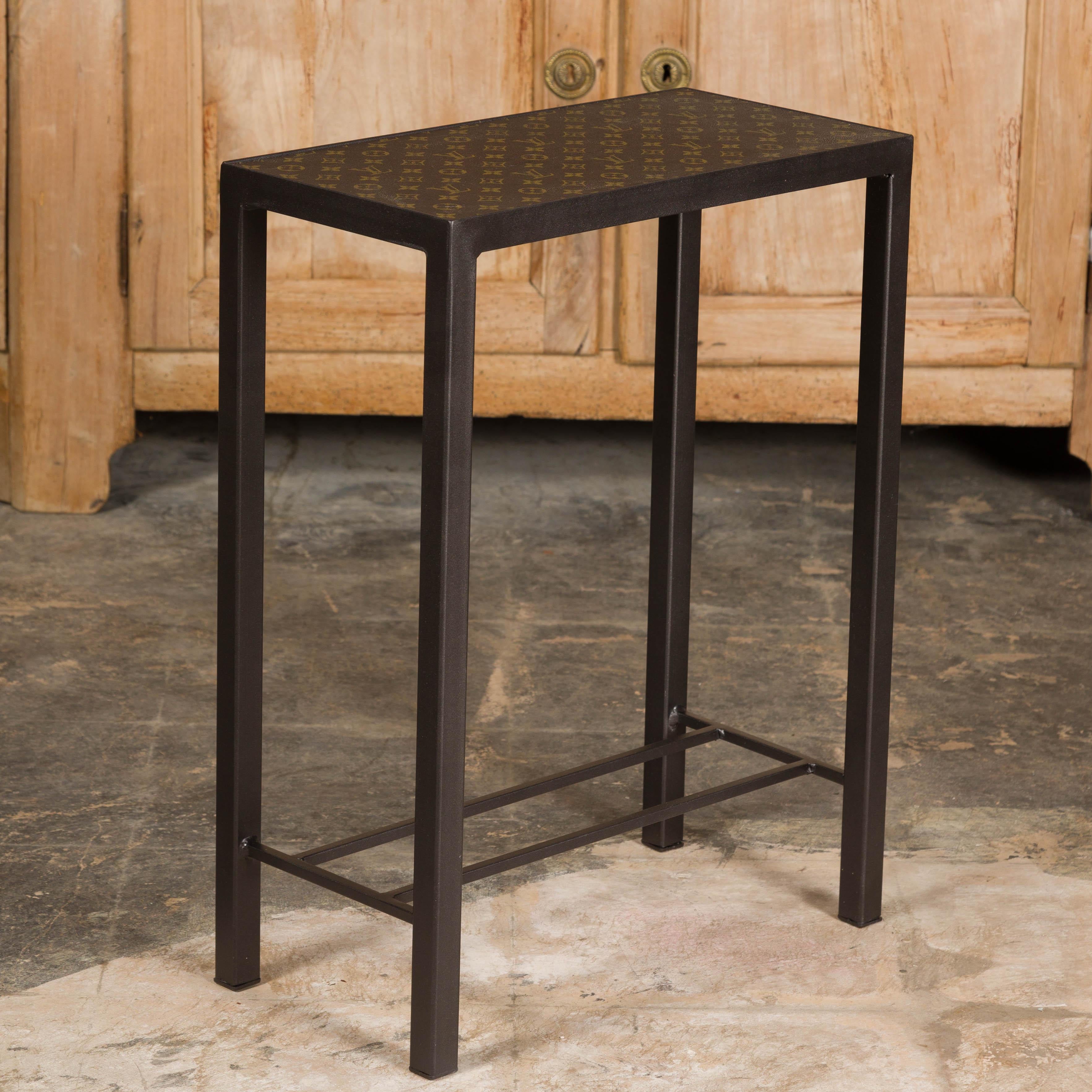 Louis Vuitton Top Small Side Table with Custom Metal Base and Cross Stretchers For Sale 8