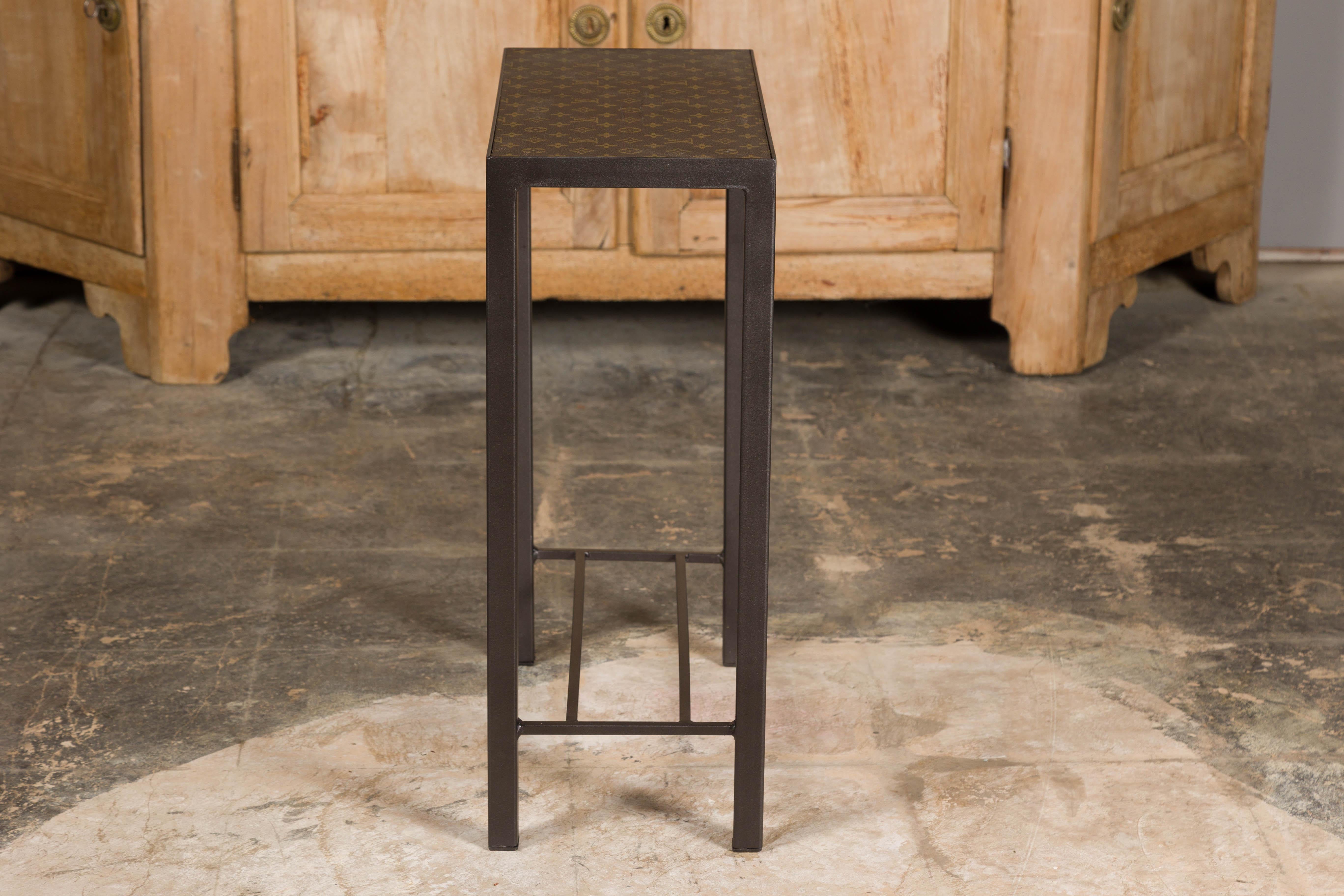 Louis Vuitton Top Small Side Table with Custom Metal Base and Cross Stretchers For Sale 9