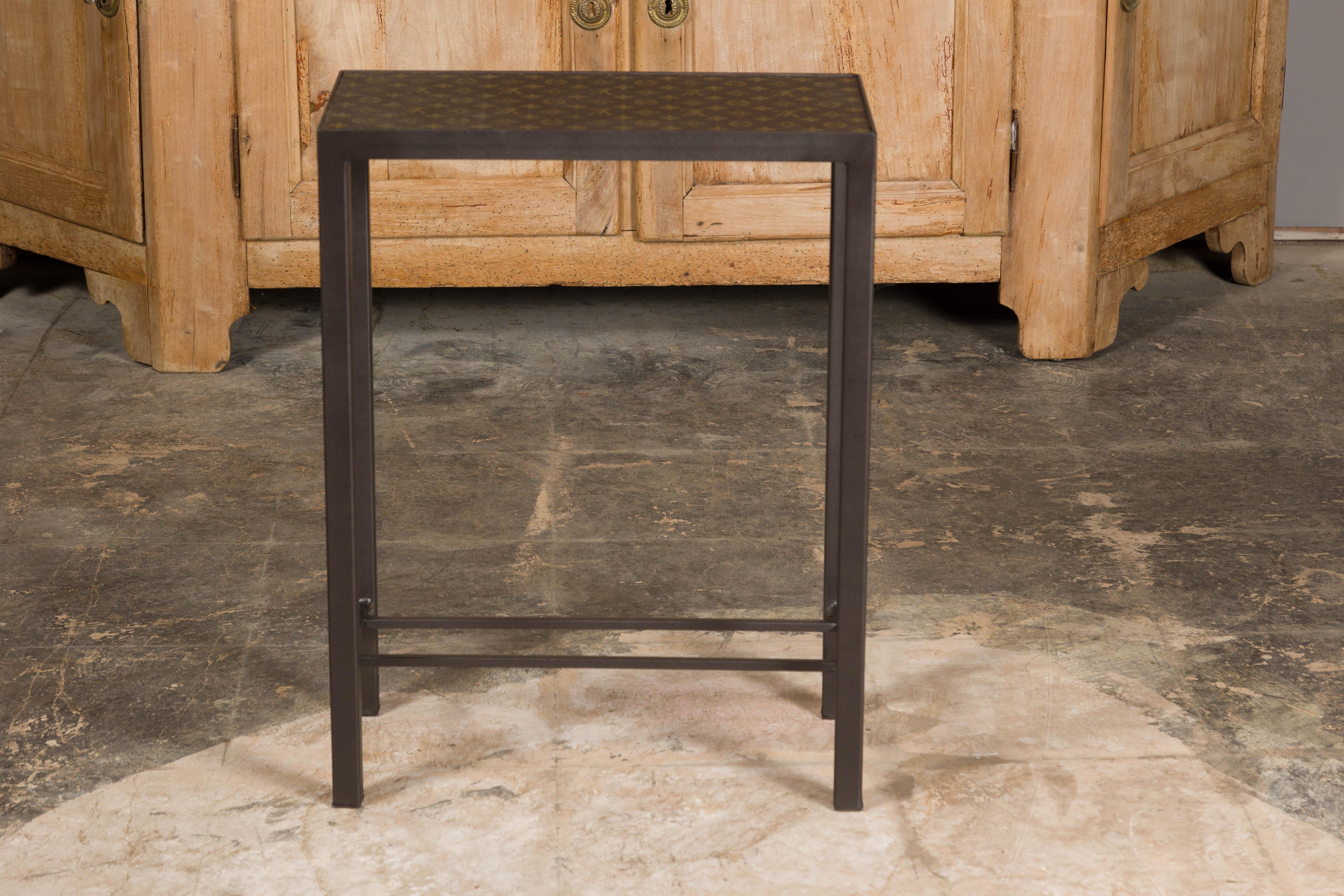 Louis Vuitton Top Small Side Table with Custom Metal Base and Cross Stretchers For Sale 10