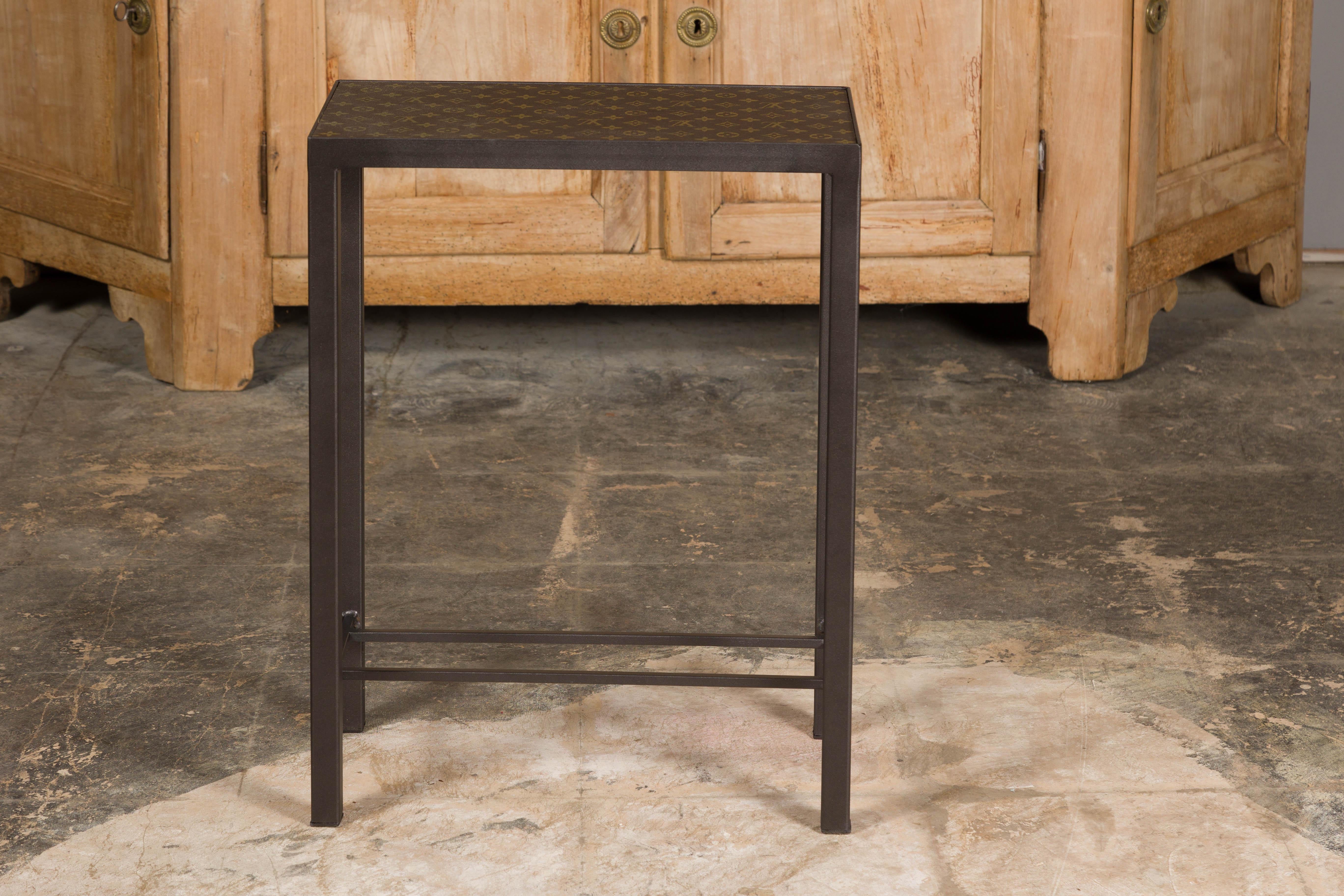 Louis Vuitton Top Small Side Table with Custom Metal Base and Cross Stretchers For Sale 11