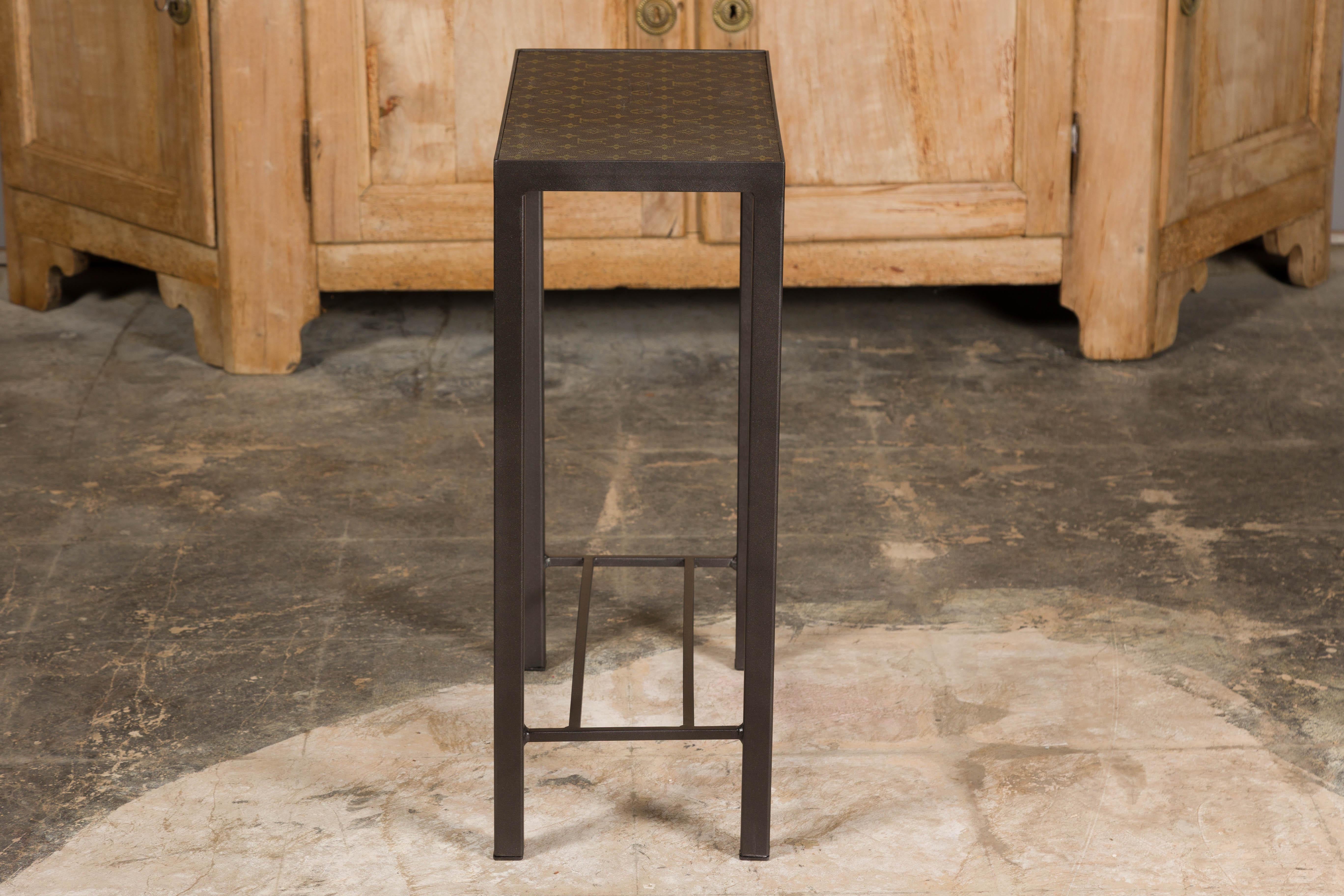 Louis Vuitton Top Small Side Table with Custom Metal Base and Cross Stretchers For Sale 12