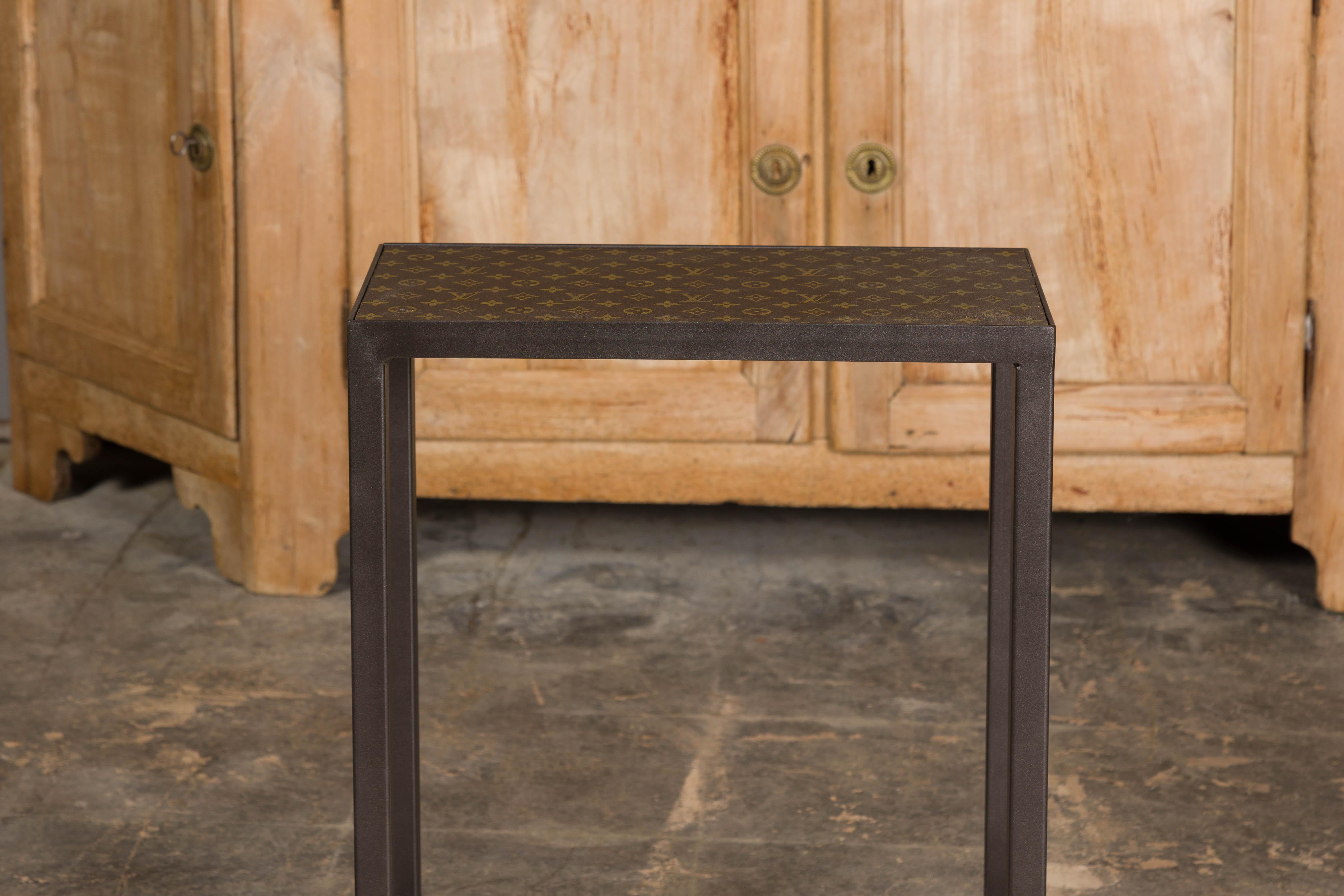 Contemporary Louis Vuitton Top Small Side Table with Custom Metal Base and Cross Stretchers For Sale