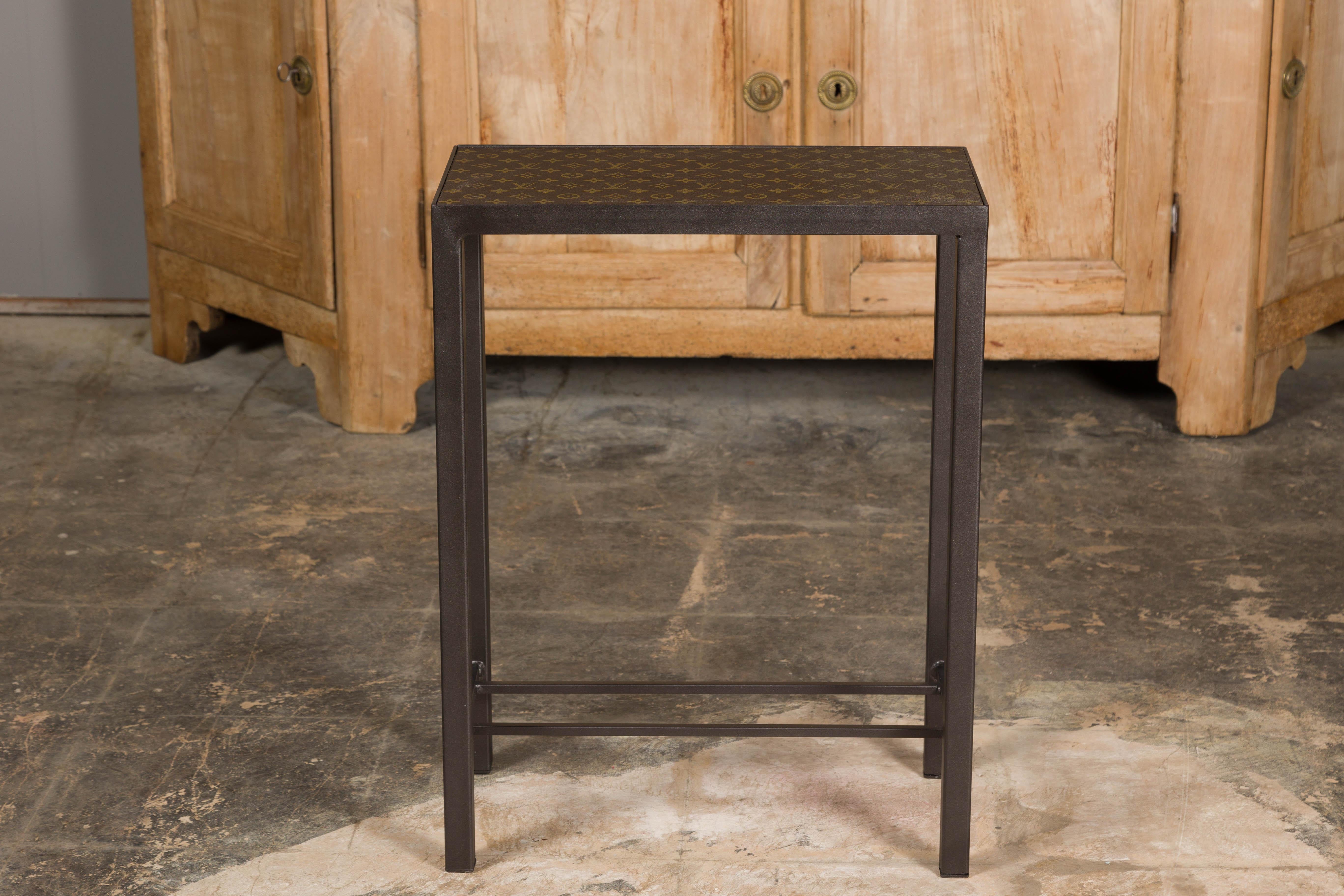 Louis Vuitton Top Small Side Table with Custom Metal Base and Cross Stretchers For Sale 1