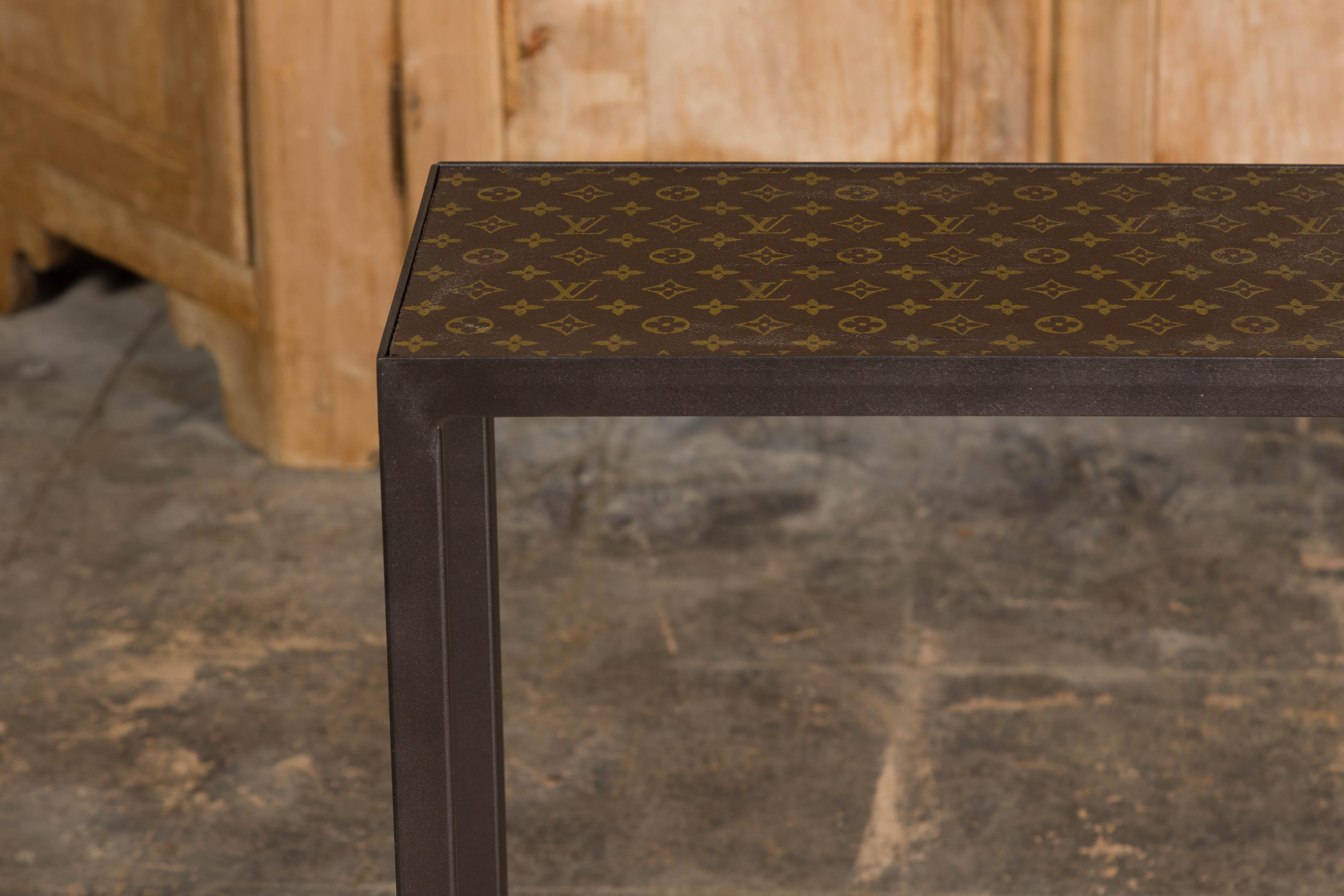 Louis Vuitton Top Small Side Table with Custom Metal Base and Cross Stretchers For Sale 2