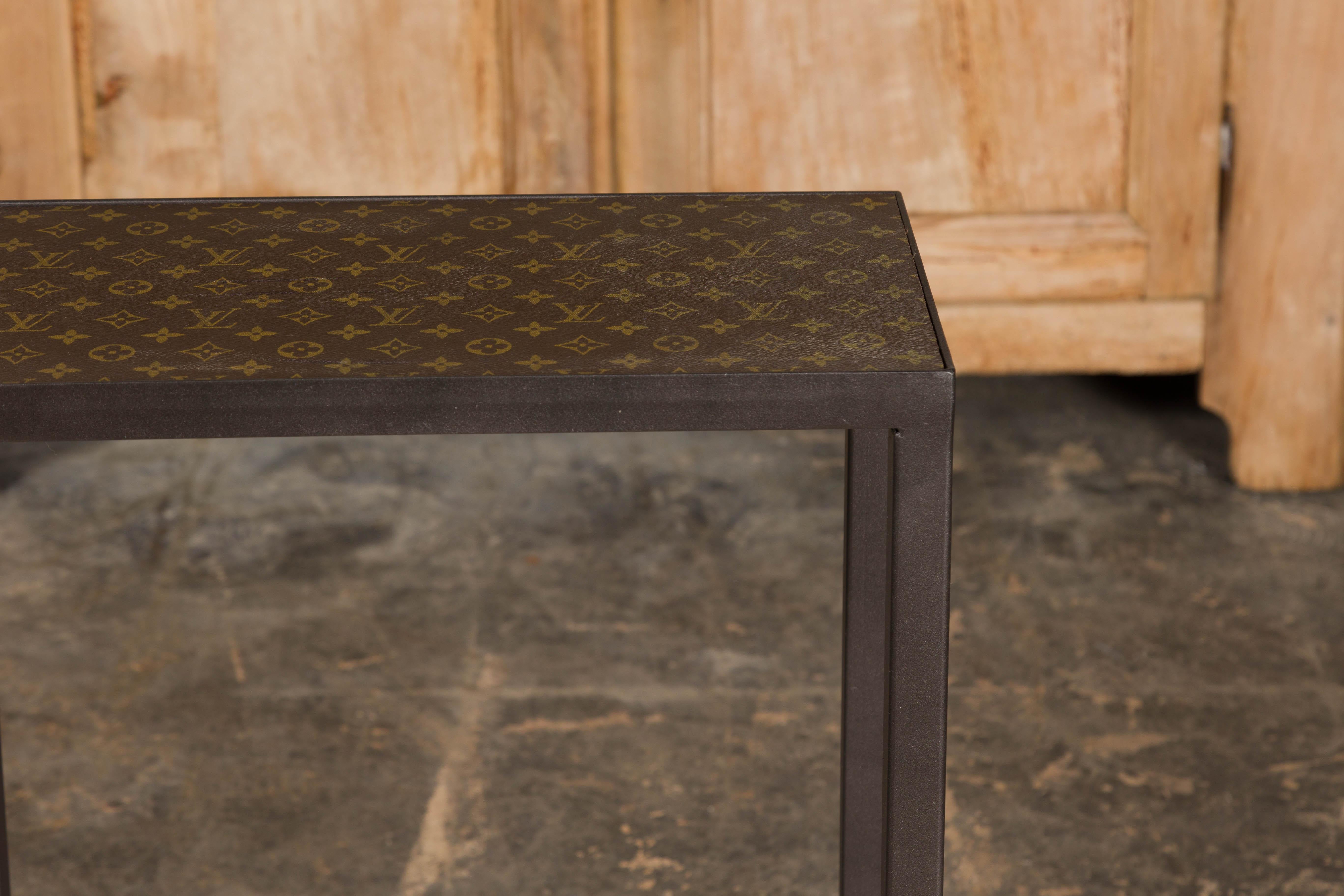 Louis Vuitton Top Small Side Table with Custom Metal Base and Cross Stretchers For Sale 3