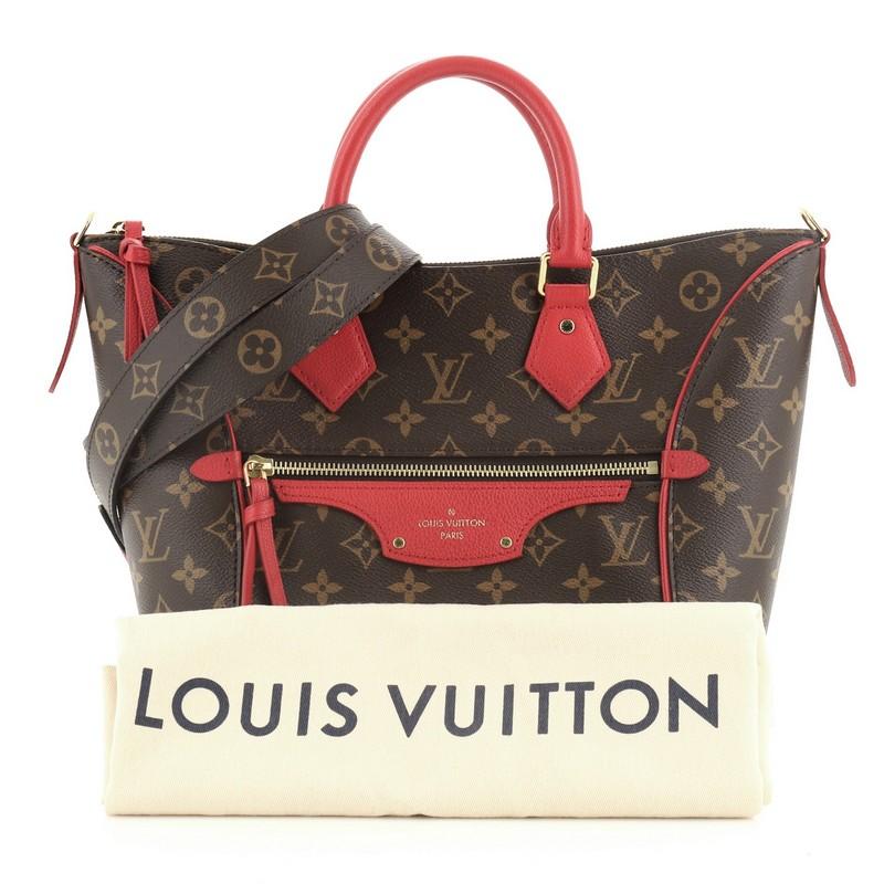 This Louis Vuitton Tournelle Tote Monogram Canvas PM is an everyday carryall perfect for work and daily essentials. Crafted in brown monogram coated canvas, features dual rolled leather handles, red leather trim, exterior zip pocket, and gold-tone