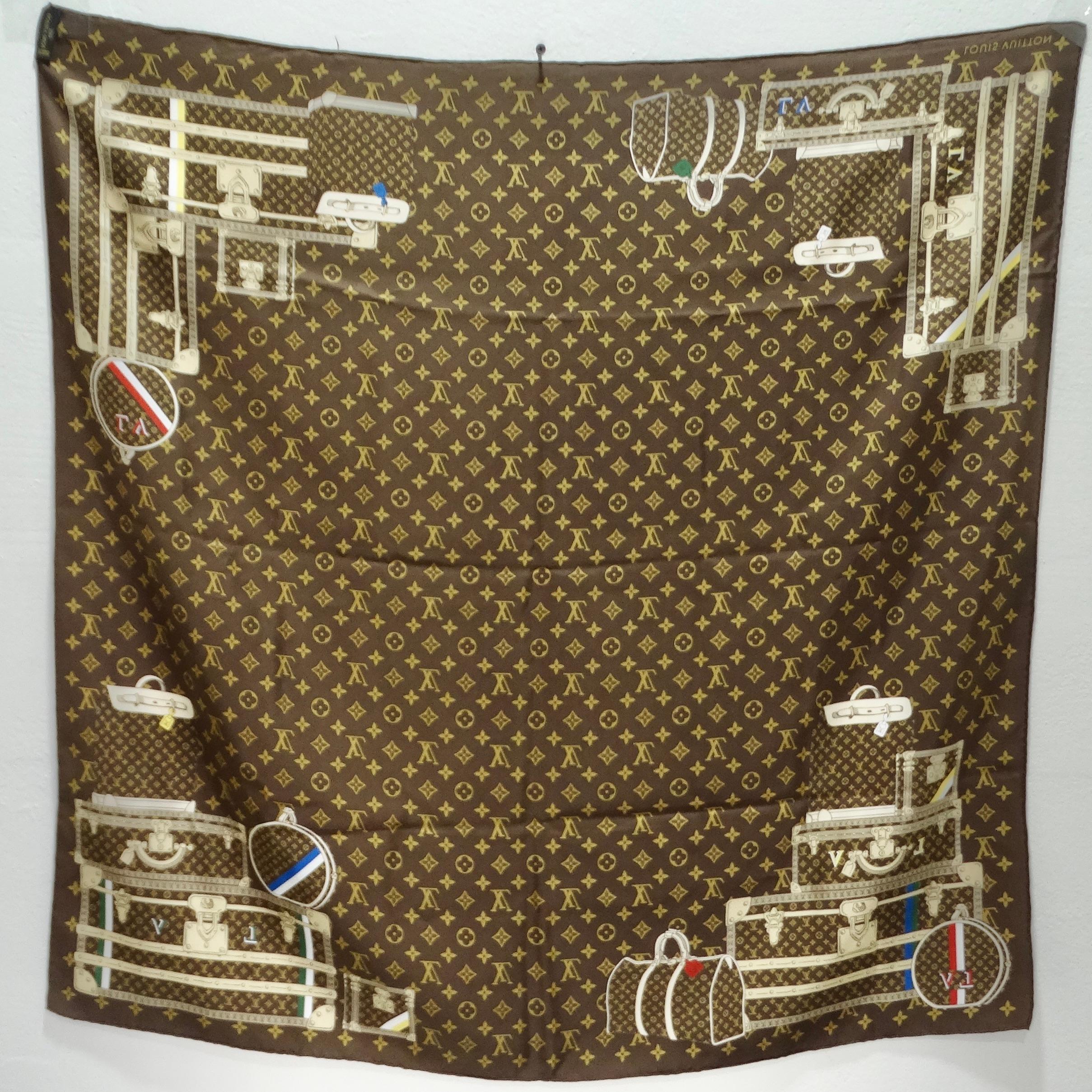 Introducing the Louis Vuitton Travel Trunks & Bags Monogram Brown Silk Scarf – a fusion of luxury and playful style that pays homage to the iconic brand's heritage. Crafted from sumptuous silk, this scarf features the signature Louis Vuitton