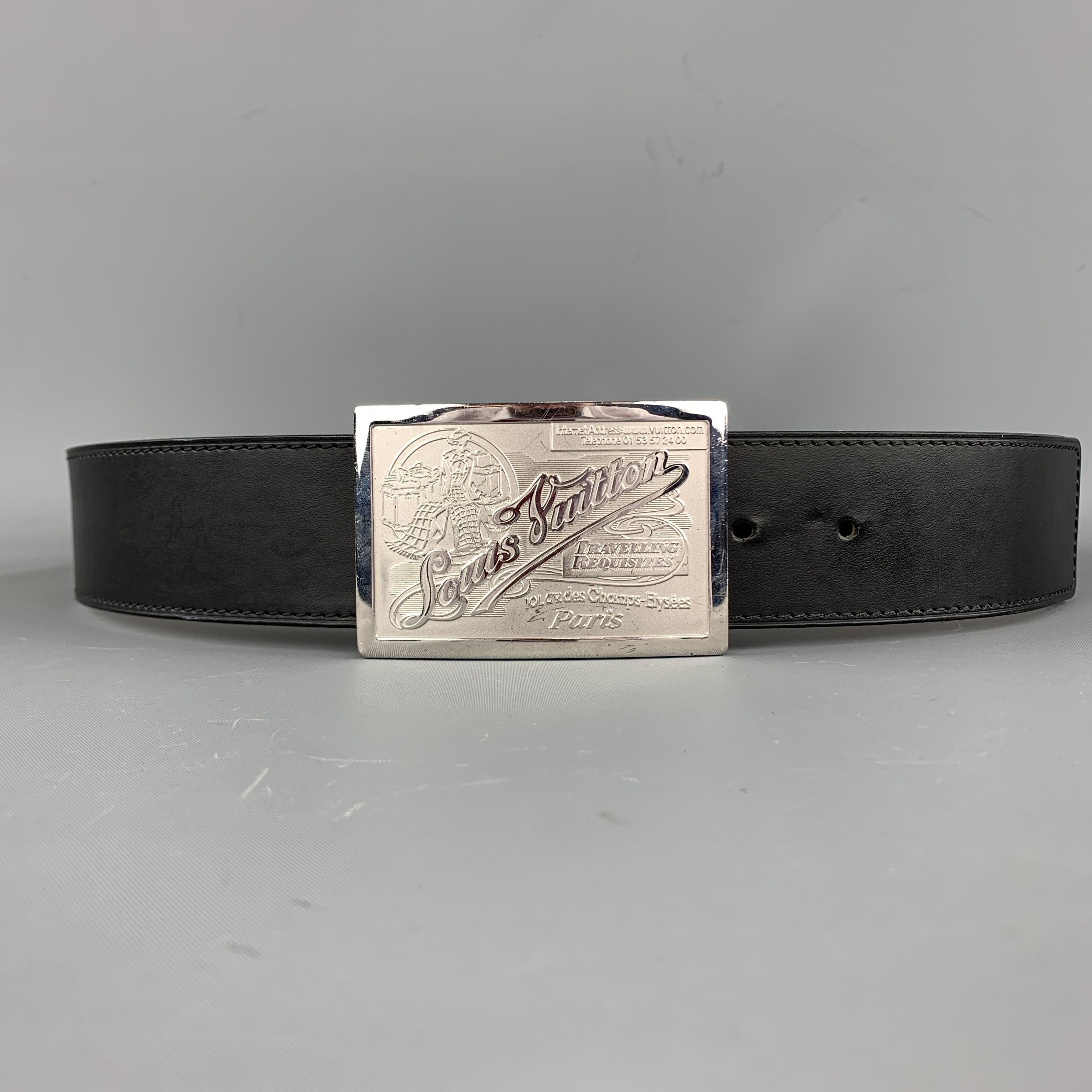 LOUIS VUITTON Travelling Requisites Belt comes in a black tone in a solid leather material, with silver-tone buckle featuring peg-in-hole closure. Light wear at leather strap and inner buckle. Made in Spain.
 
Very Good Pre-Owned Condition.
Marked: