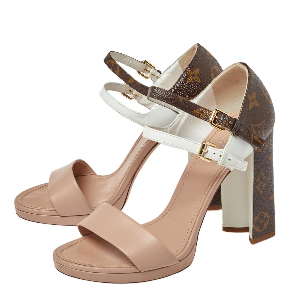 Brown Louis Vuitton Tri Color Monogram Canvas and Leather Double Strap Sandals Size 39