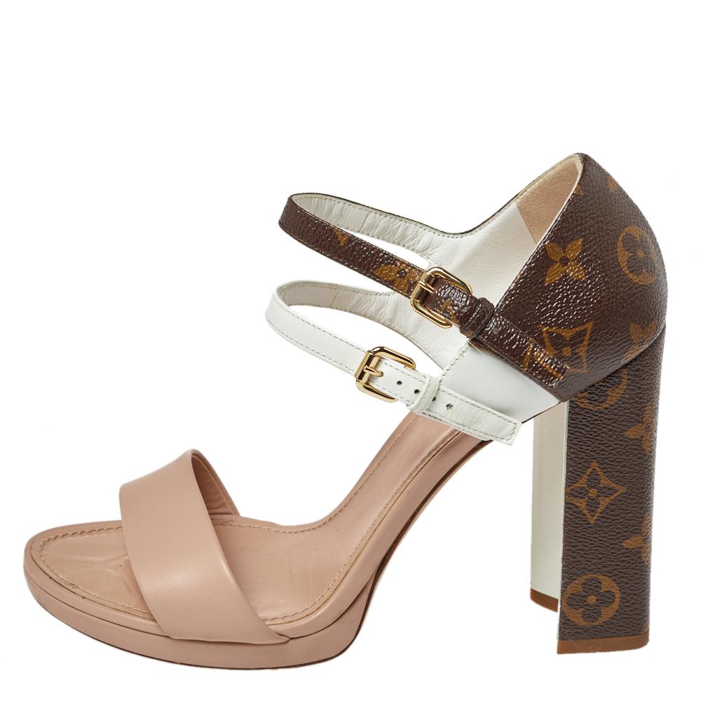 Louis Vuitton Tri Color Monogram Canvas and Leather Double Strap Sandals Size 39 In Good Condition In Dubai, Al Qouz 2