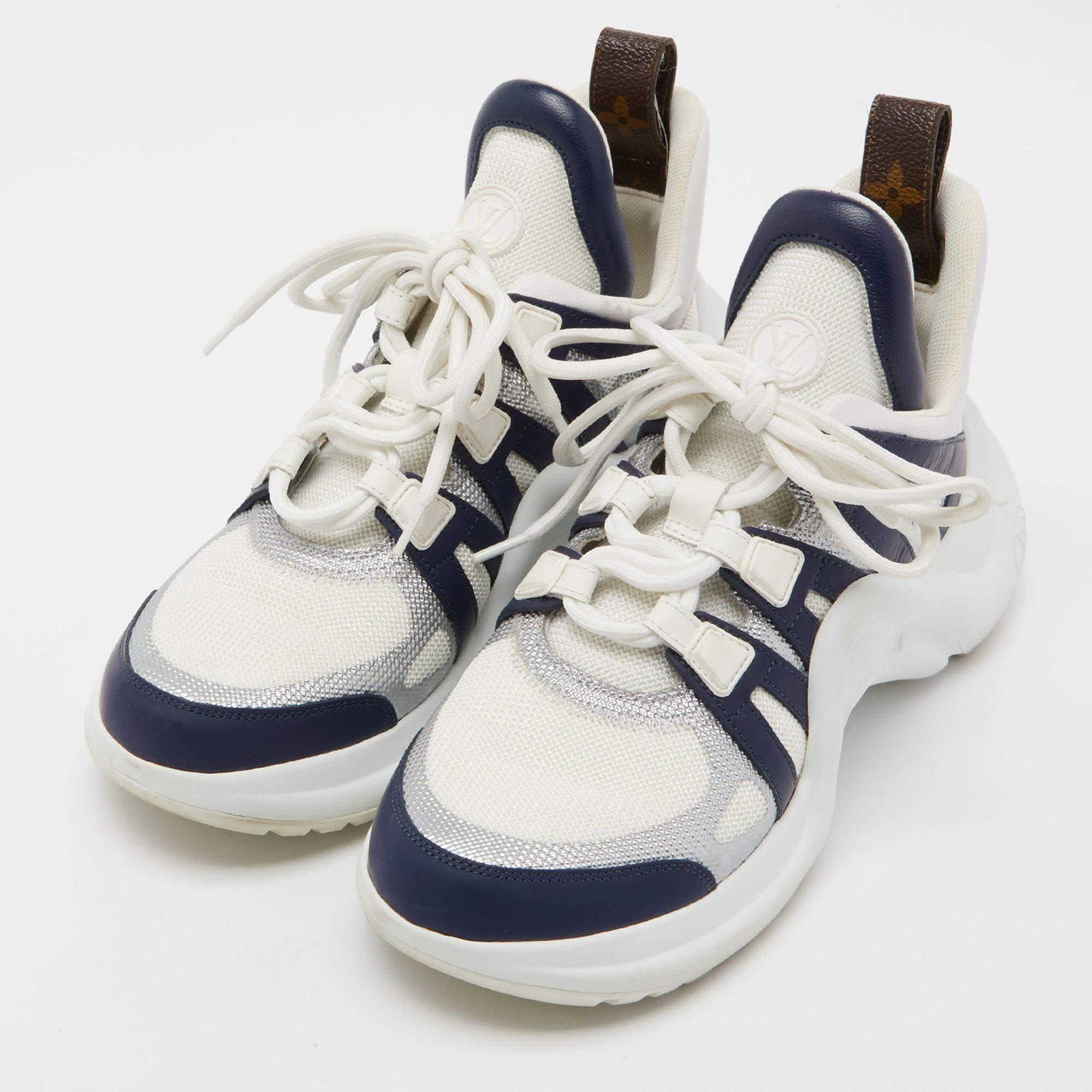 Give your outfit a luxe update with this pair of authentic Louis Vuitton sneakers. The shoes are sewn perfectly to help you make a statement in them for a long time.

