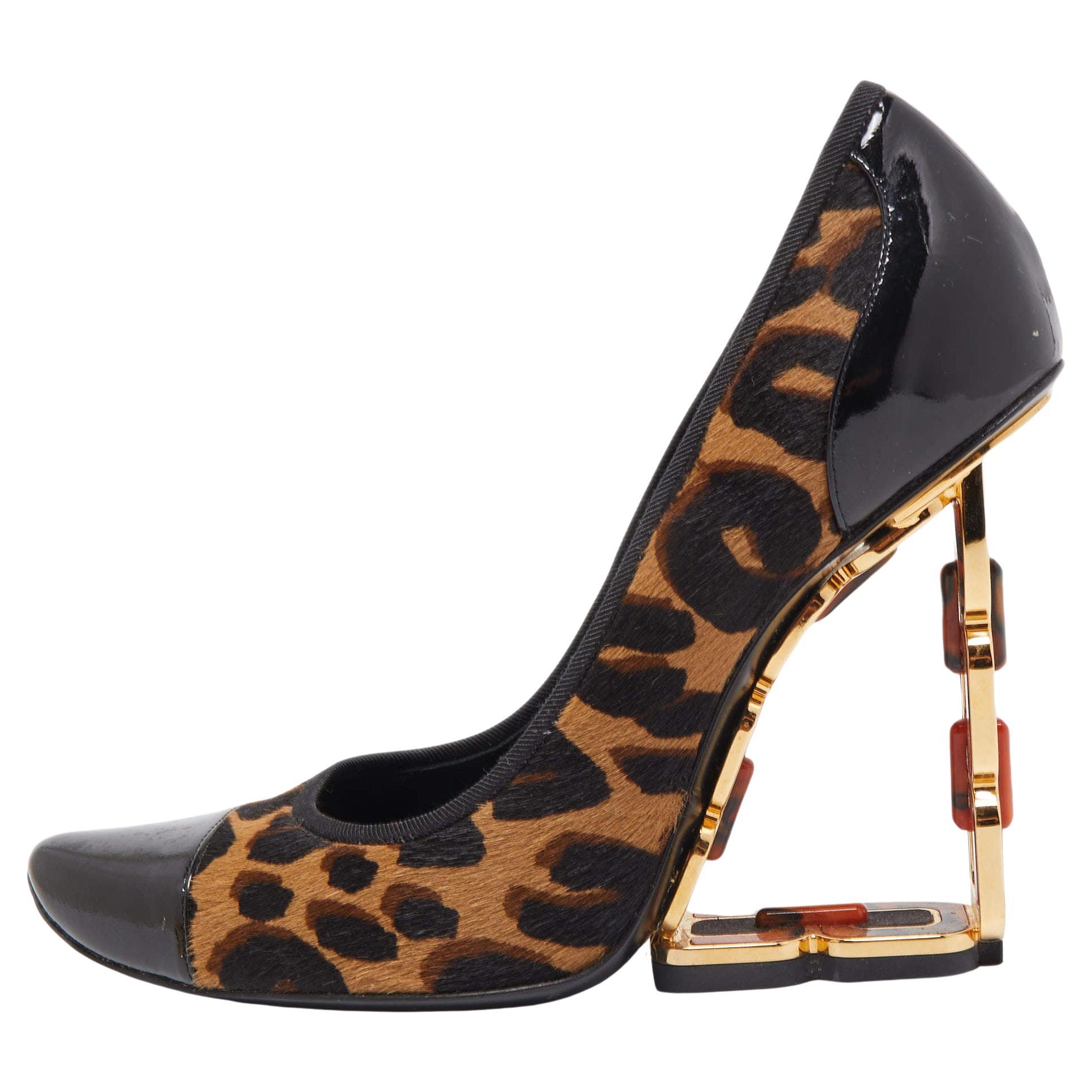 Louis Vuitton Tricolor Leopard Print Calf Hair and Patent Leather Wedge Pumps Si For Sale