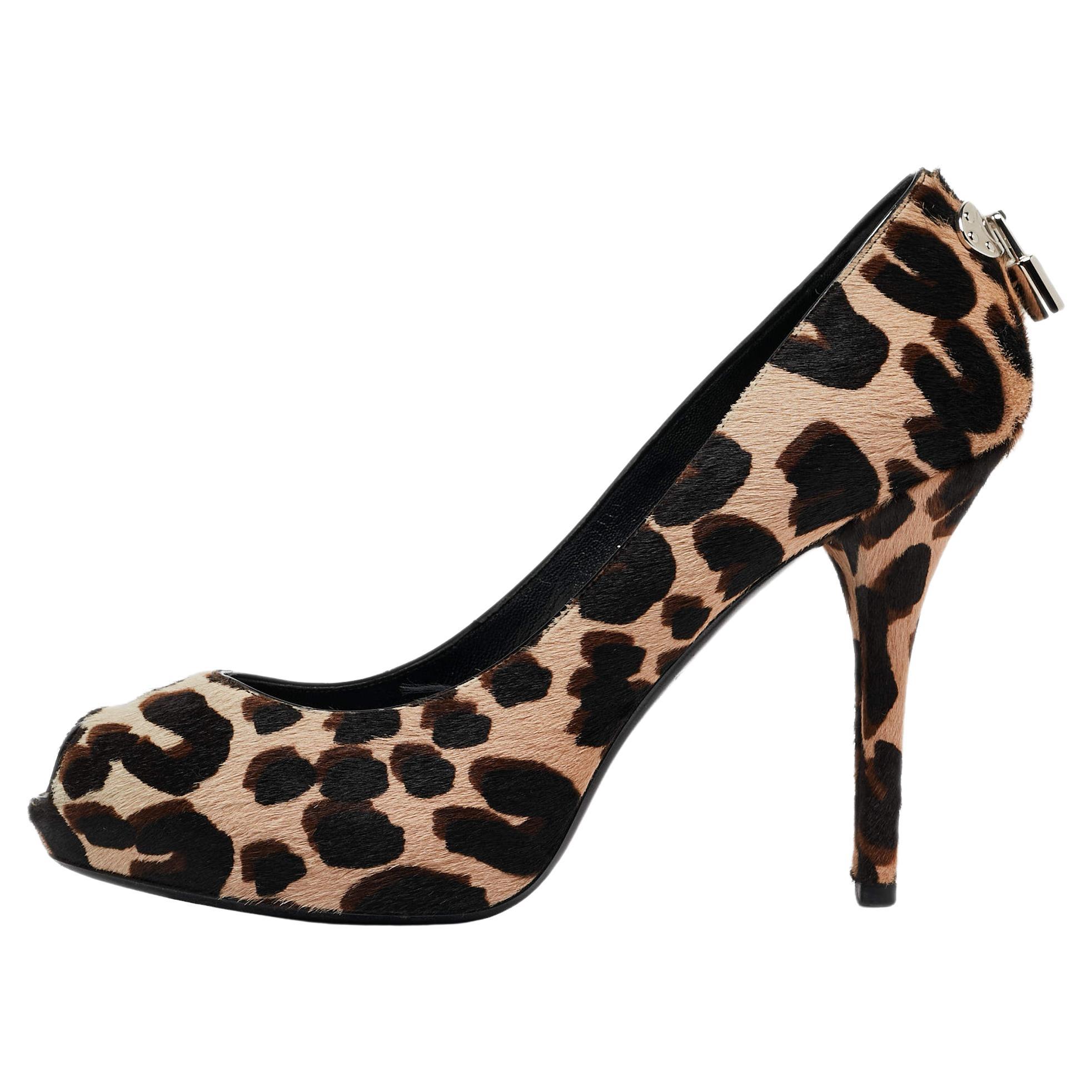 Louis Vuitton Tricolor Leopard Print Calf Hair Oh Really! Peep Toe Pumps Size 38 For Sale