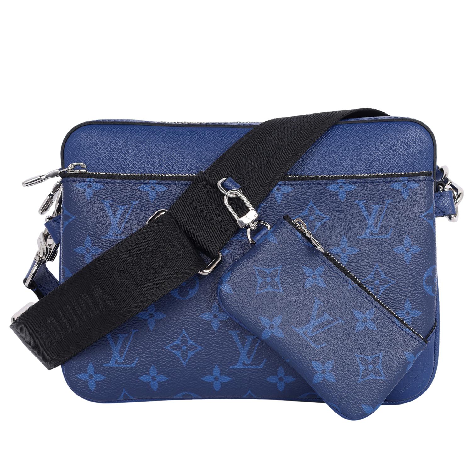 Authentic, pre-loved Louis Vuitton Trio Messenger Bag in blue cobalt. Features messenger-crossbody style bag with dark blue monogram coated canvas. There are three pieces to this set. There are 2 removable pochette bags, an optional, adjustable