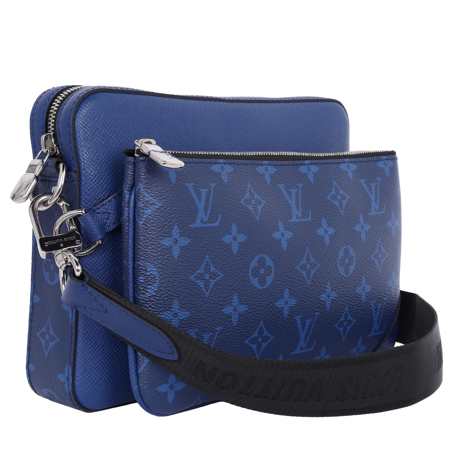 Women's or Men's Louis Vuitton Trio Messenger Bag Monogram Taigarama Cobalt Blue For Sale