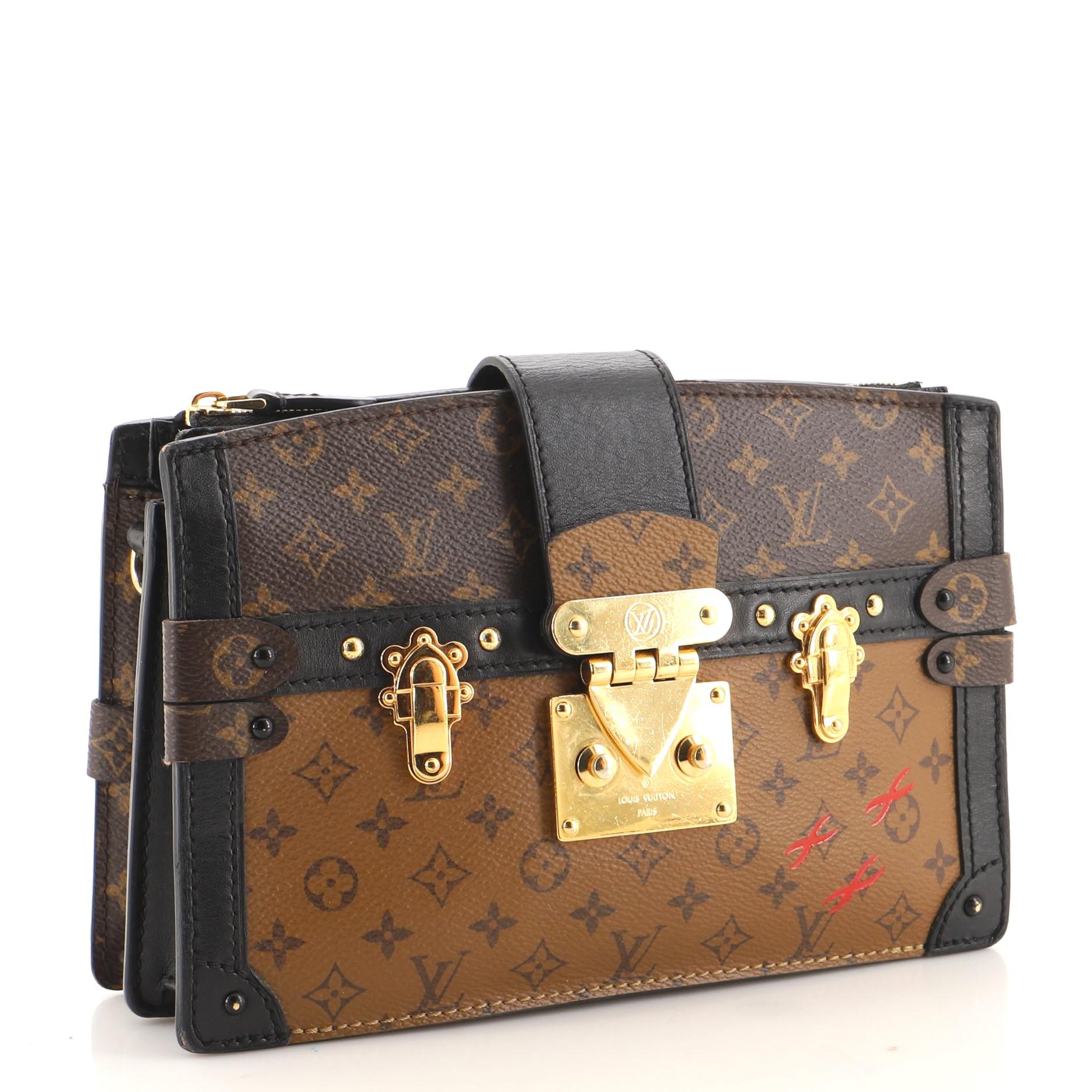 Condition: Fair. Heavy peeling on exterior corner wax edges. Creasing on exterior, wear and scuffs on leather trims and strap. Moderate wear, peeling, stains and small pen marks in interior, scratches and tarnish on hardware.
Accessories: With