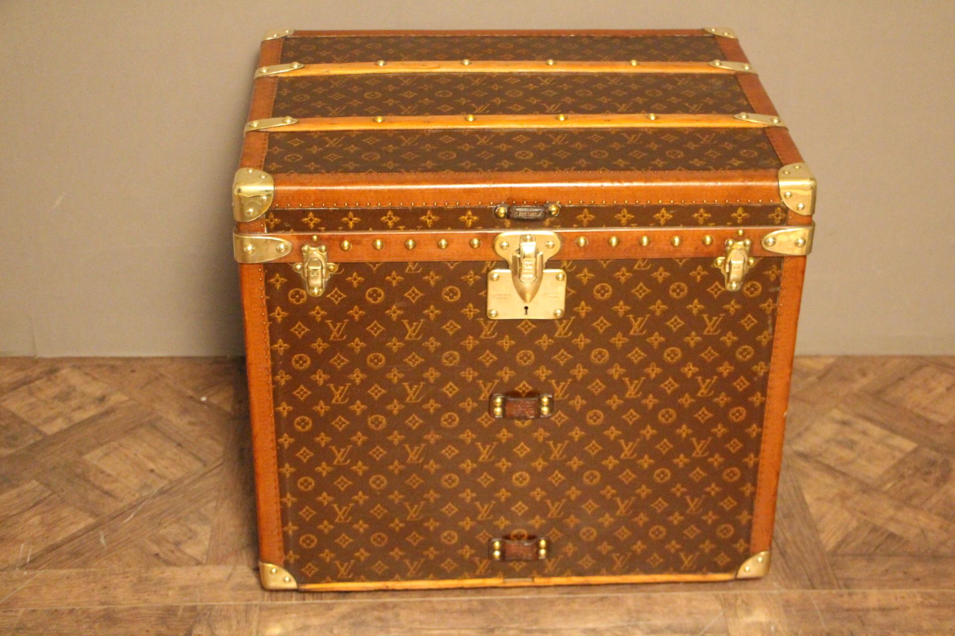 Very rare Louis Vuitton trunk in the very sought after shape.
All stencilled monograms.
Lozine trim, stamped Louis Vuitton locks and studs and leather handles.
Original inside lining. 2 original removable webbed baskets. Louis Vuitton sticker