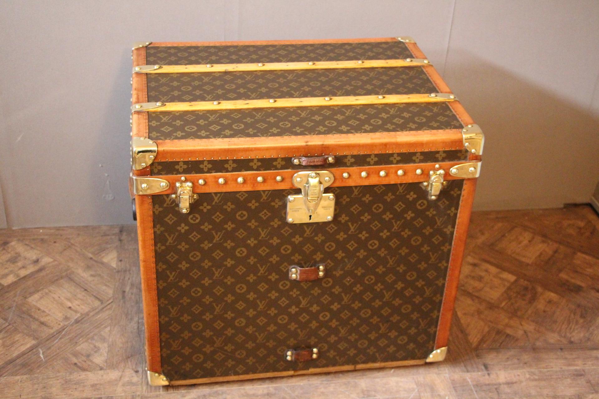 Very rare Louis Vuitton trunk in the very sought after shape.
All stencilled monograms.
Lozine trim, stamped Louis Vuitton locks and studs and leather handles.
Original inside lining. Original removable webbed basket. Louis Vuitton sticker with