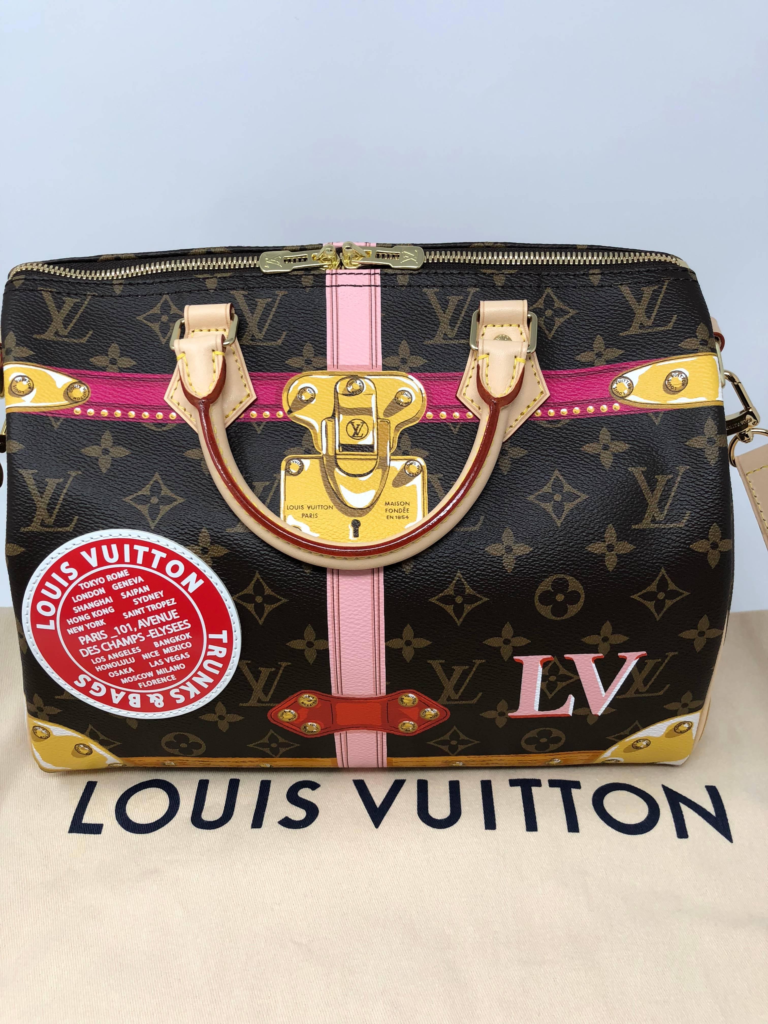 Authentic Louis Vuitton Speedy 30 bandouliere in limited edition Trunks 2018 collection. Sold out and brand new. This speedy comes with removable strap for multiple wear. The interior canvas has the unique old trunks design. The exterior is painted
