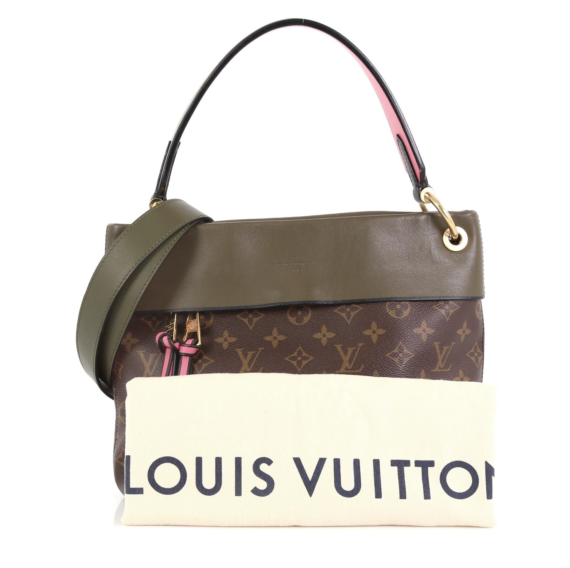 This Louis Vuitton Tuileries Besace Bag Monogram Canvas with Leather, crafted in brown monogram coated canvas with green and pink leather, features a single loop leather handle and gold-tone hardware. Its hidden magnetic snap closure opens to a pink