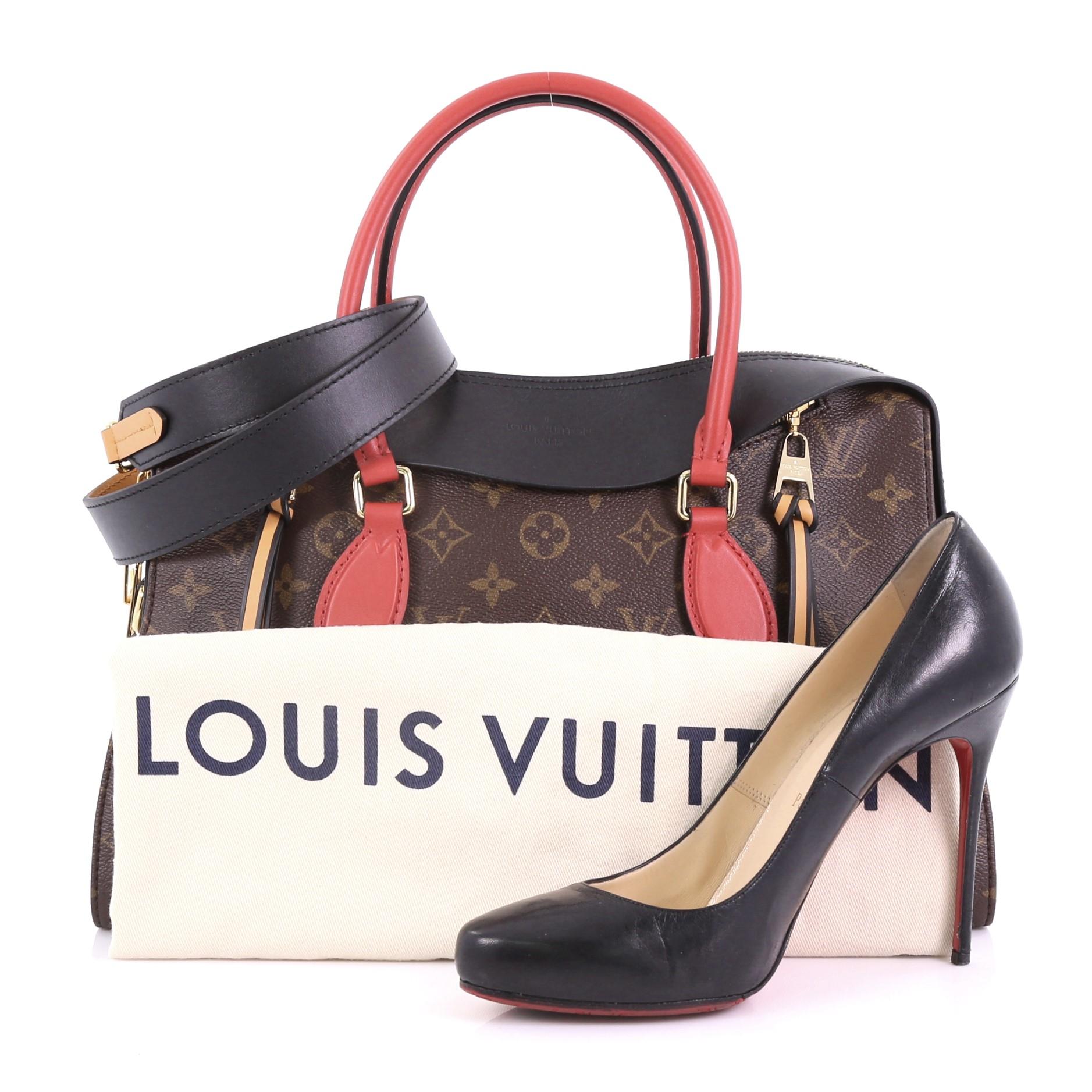 This Louis Vuitton Tuileries Handbag Monogram Canvas with Leather, crafted in brown monogram coated canvas with black leather, features dual toron handles, leather details, and gold-tone hardware. Its dual zip closure opens to a beige microfiber