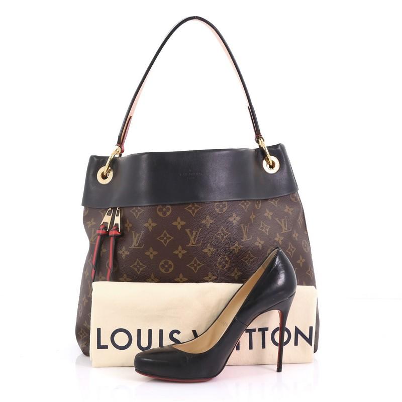 This Louis Vuitton Tuileries Hobo Monogram Canvas with Leather, crafted in brown monogram coated canvas with black leather, features a flat leather handle, exterior front zip pocket and gold-tone hardware. Its hidden magnetic snap closure opens to a