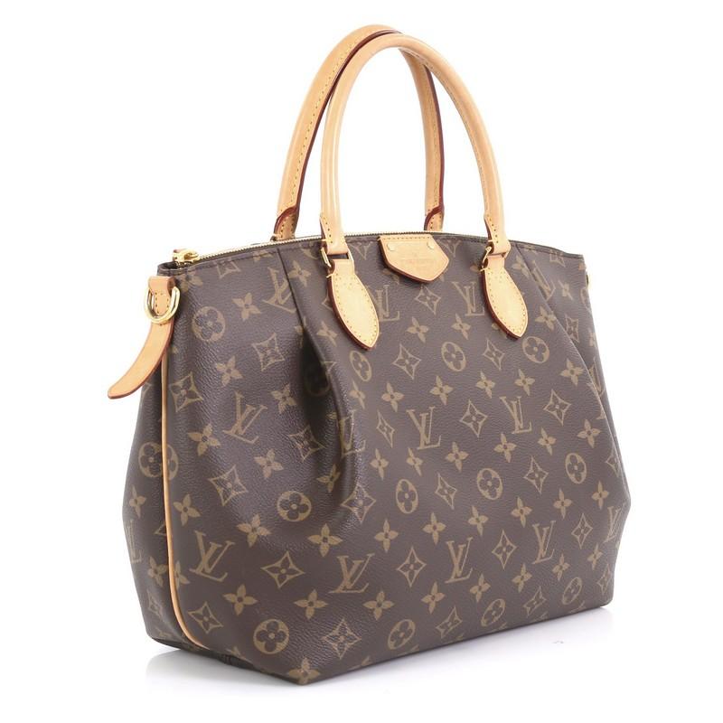 This Louis Vuitton Turenne Handbag Monogram Canvas MM, crafted in brown monogram coated canvas, features dual rolled leather handles and gold-tone hardware. Its zip closure opens to a purple fabric interior with slip pockets. Authenticity code