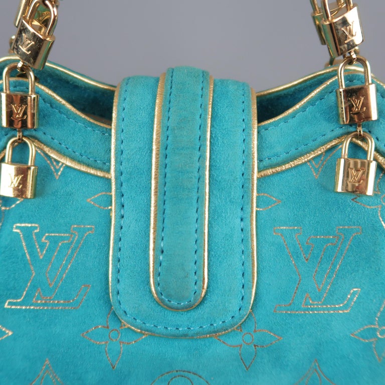 LOUIS VUITTON Turquoise and Gold Monogram Suede Lock Chain Strap THEDA PM Mini Bag For Sale at ...