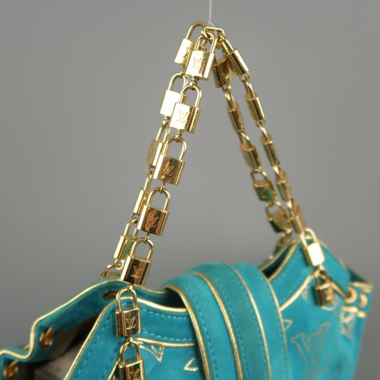 LOUIS VUITTON Turquoise and Gold Monogram Suede Lock Chain Strap THEDA PM  Mini Bag For Sale at 1stDibs