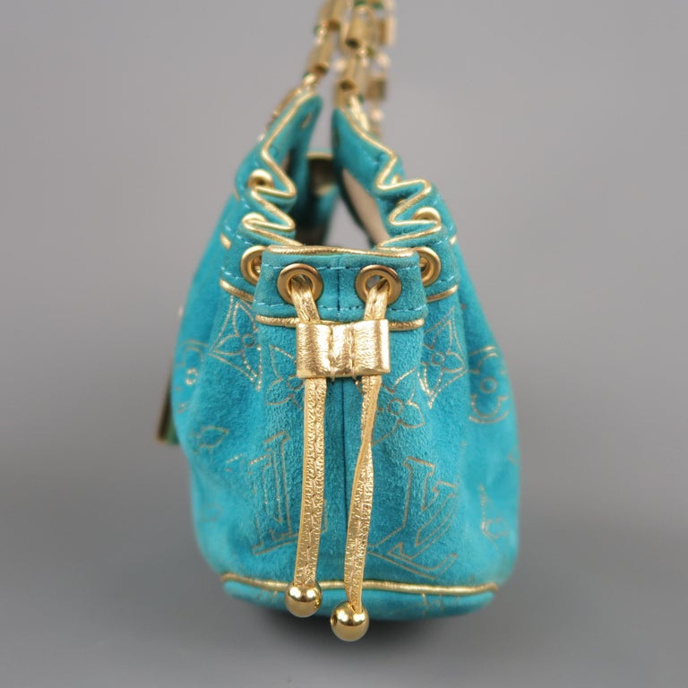 LOUIS VUITTON Turquoise and Gold Monogram Suede Lock Chain Strap