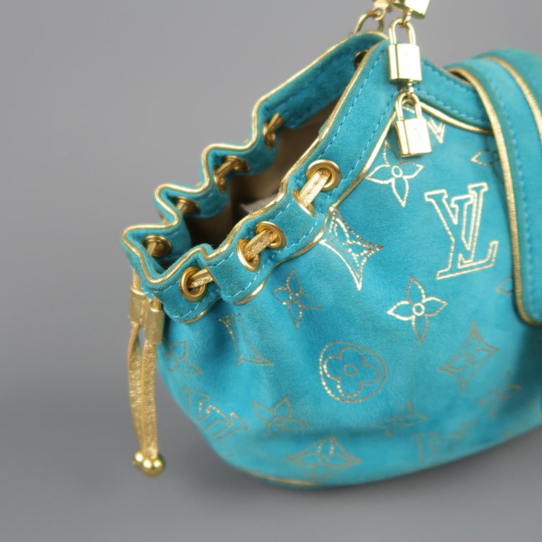 LOUIS VUITTON Turquoise and Gold Monogram Suede Lock Chain Strap