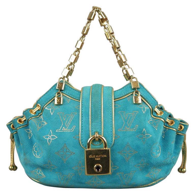 LOUIS VUITTON Turquoise and Gold Monogram Suede Lock Chain Strap THEDA PM  Mini Bag For Sale at 1stDibs