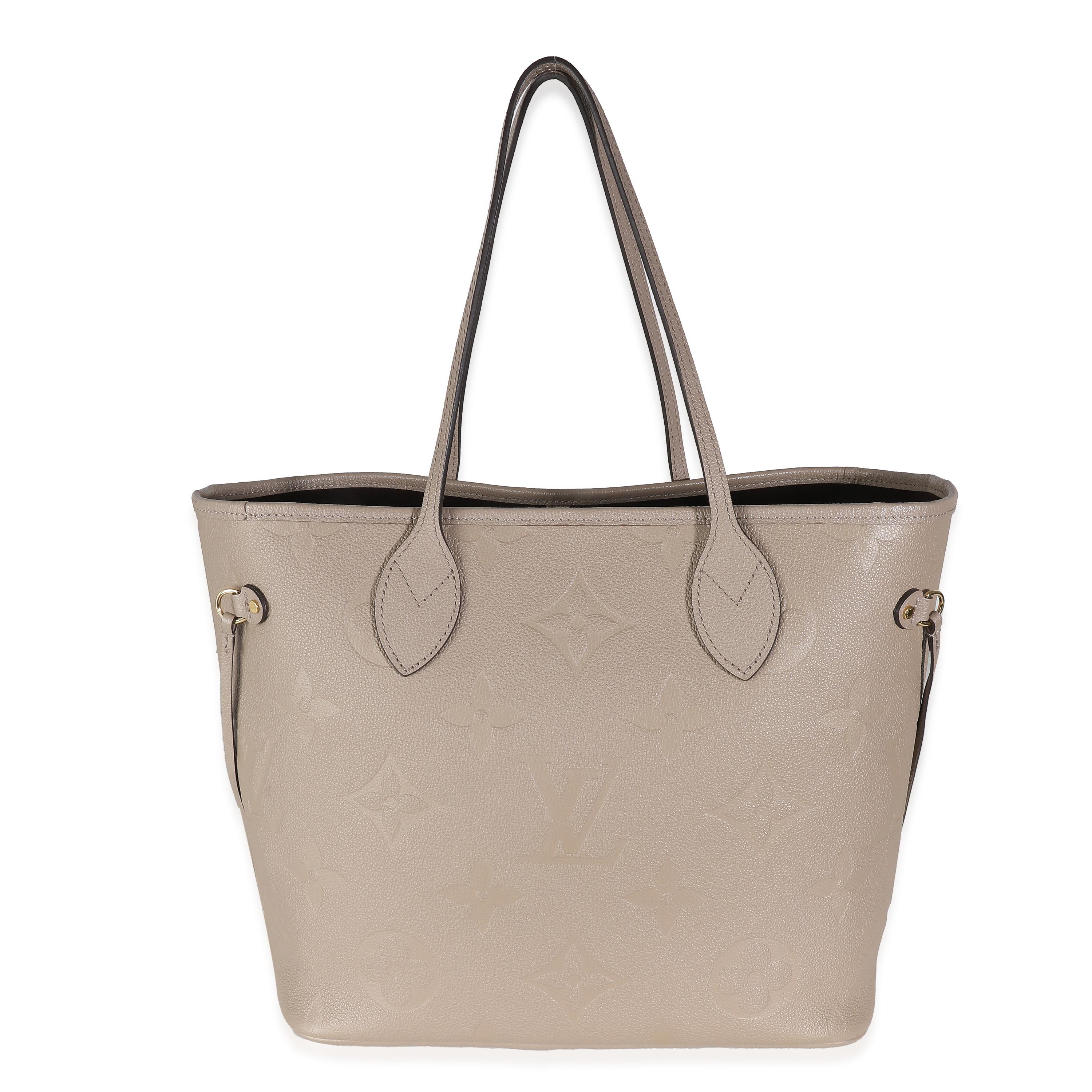Listing Title: Louis Vuitton Turtledove Giant Monogram Empreinte Neverfull MM
SKU: 139999
MSRP: 2710.00 USD
Condition: Pre-owned 
Condition Description: Released in 2007, the Louis Vuitton Neverfull bag has since become one of the House's most
