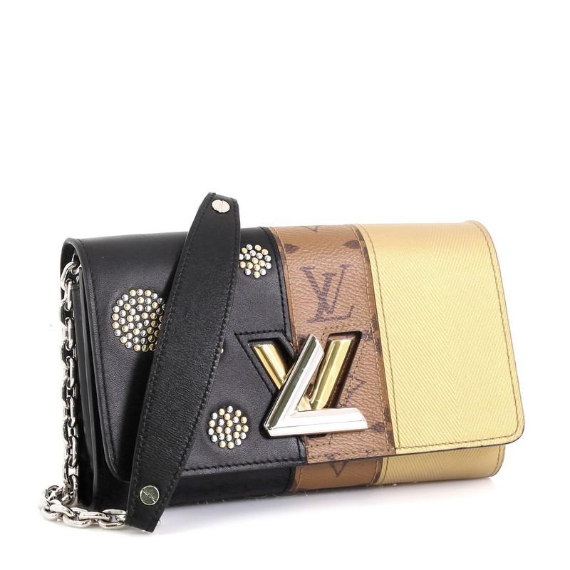 This Louis Vuitton Twist Chain Wallet Limited Edition Monogram Canvas, crafted from leather and brown monogram coated canvas, features chain shoulder strap and silver-tone hardware. Its flap with twist lock closure opens to a black leather interior
