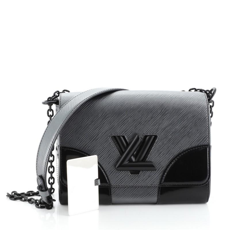 This Louis Vuitton Twist Handbag Epi Leather with Patent MM, crafted from black epi leather with patent leather, features chain link strap with leather pad, frontal flap, and black-tone hardware. Its LV twist lock closure opens to a black and gray