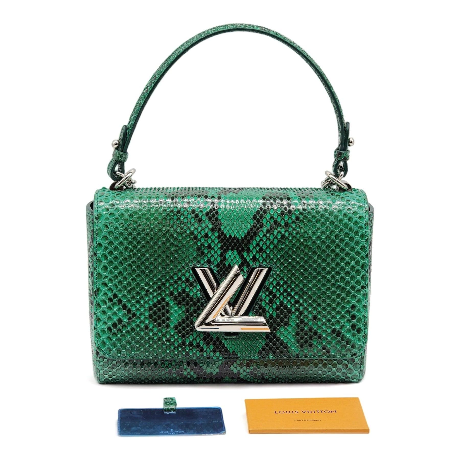 Measures:
9.1 x 6.7 x 3.7 inches
(length x Height x Width)

Green
Python Skin
Cowhide leather trim
Smooth cowhide leather lining
Silver-color hardware
Transforming signature LV Twist lock
1 interior flat back pocket​
1 interior flat pocket with