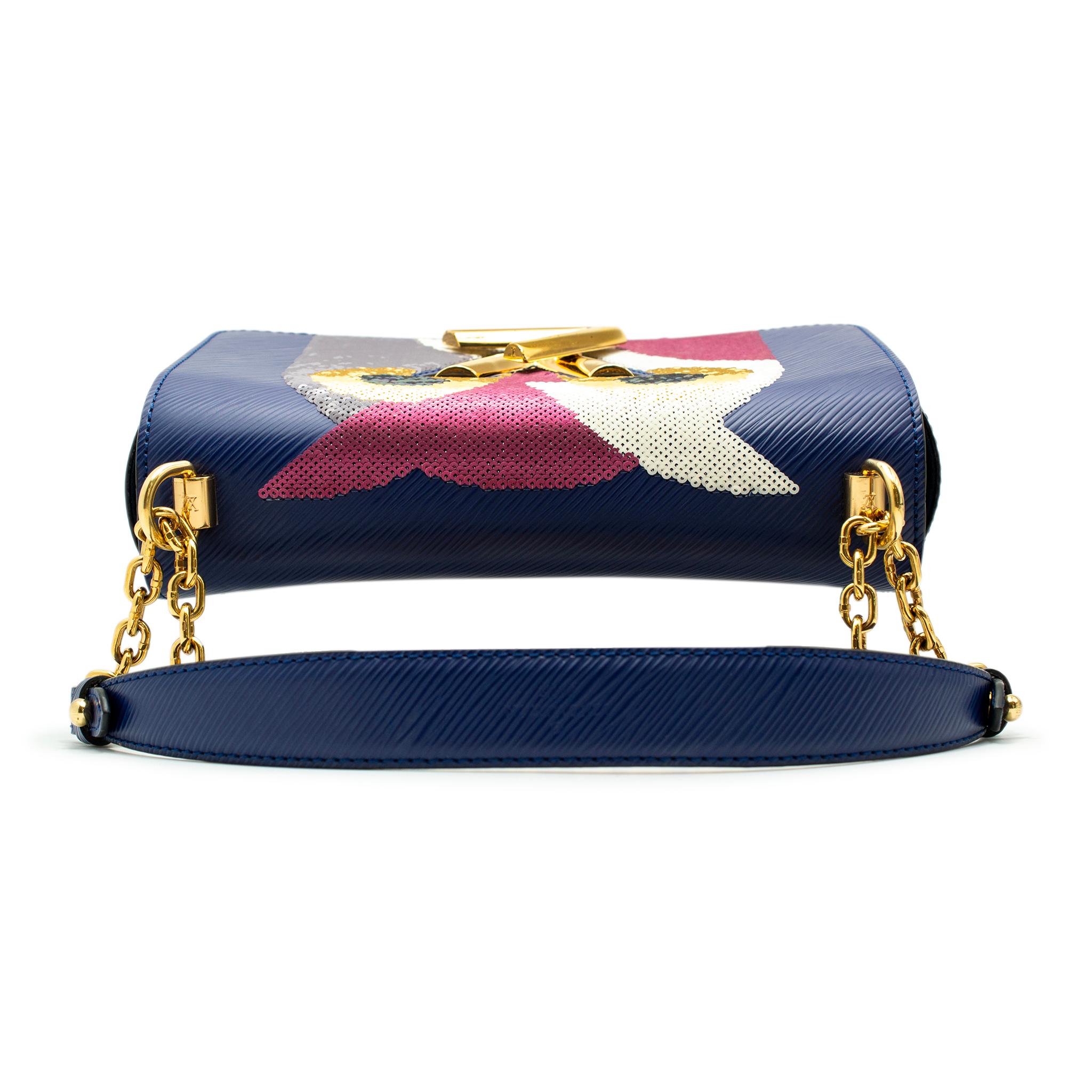 Louis Vuitton Twist MM Navy Leather & Sequin Night Bird Ladies Handbag W/Box For Sale 6