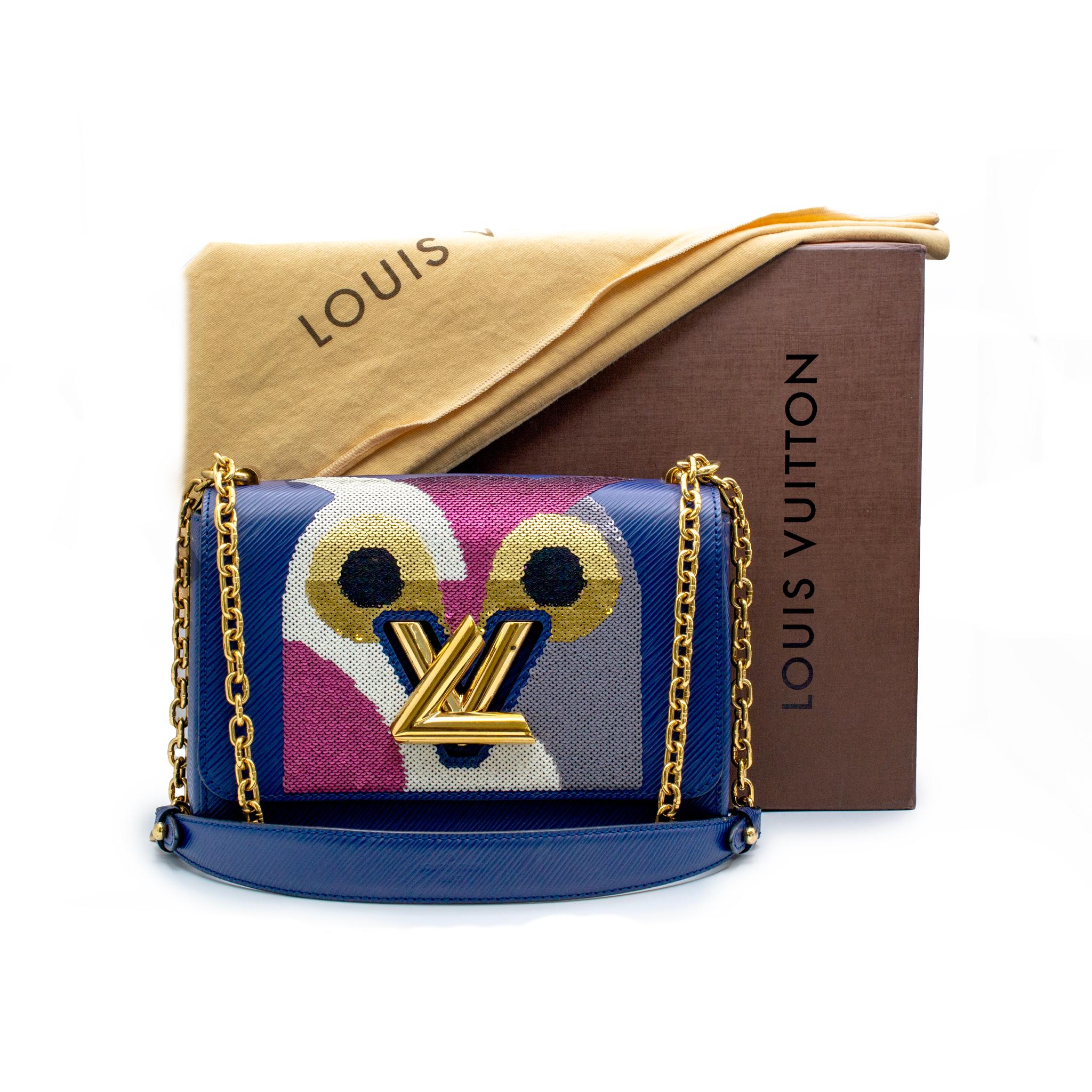 Louis Vuitton Twist MM Navy Leather & Sequin Night Bird Ladies Handbag W/Box For Sale 12
