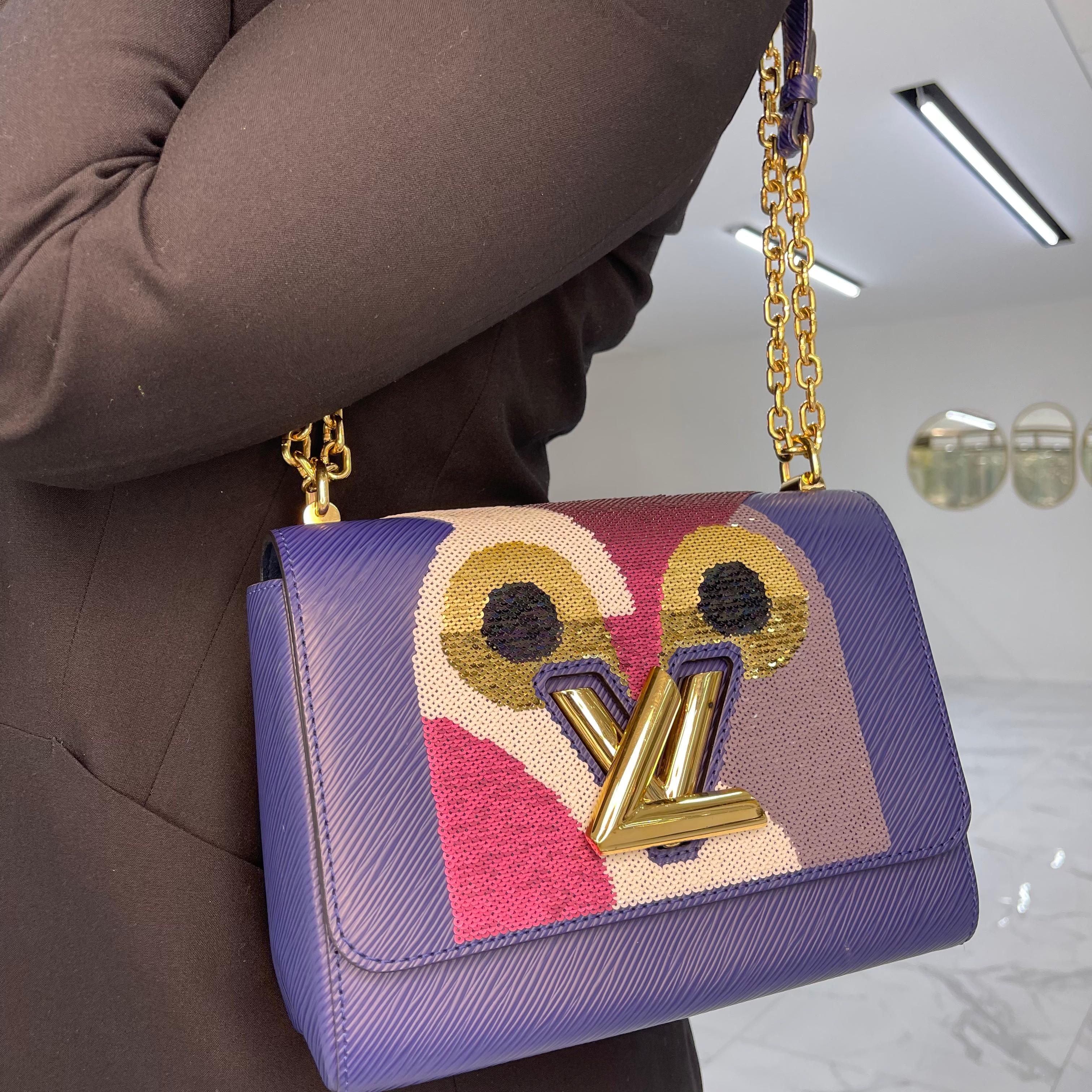 Louis Vuitton Twist MM Navy Leather & Sequin Night Bird Ladies Handbag W/Box For Sale 14