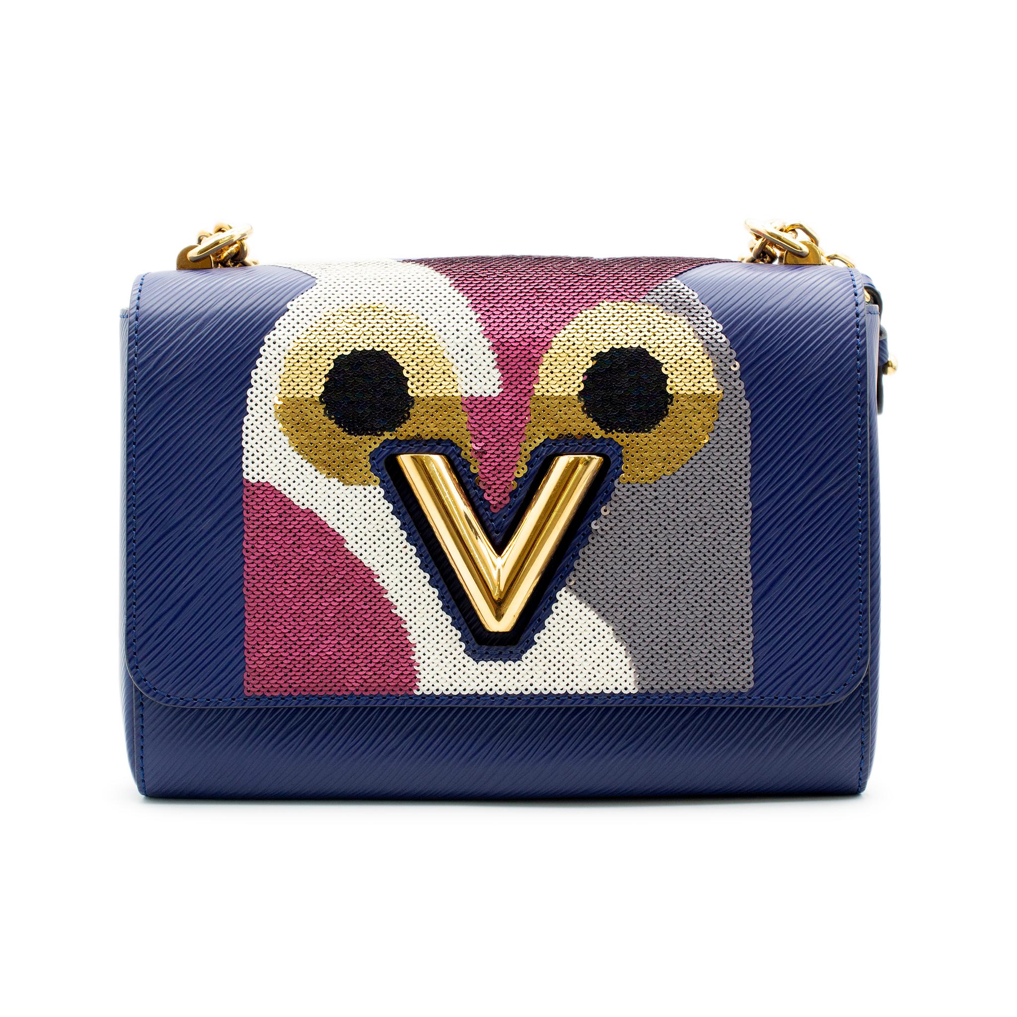 Louis Vuitton Twist MM Navy Leather & Sequin Night Bird Ladies Handbag W/Box In Excellent Condition For Sale In Houston, US
