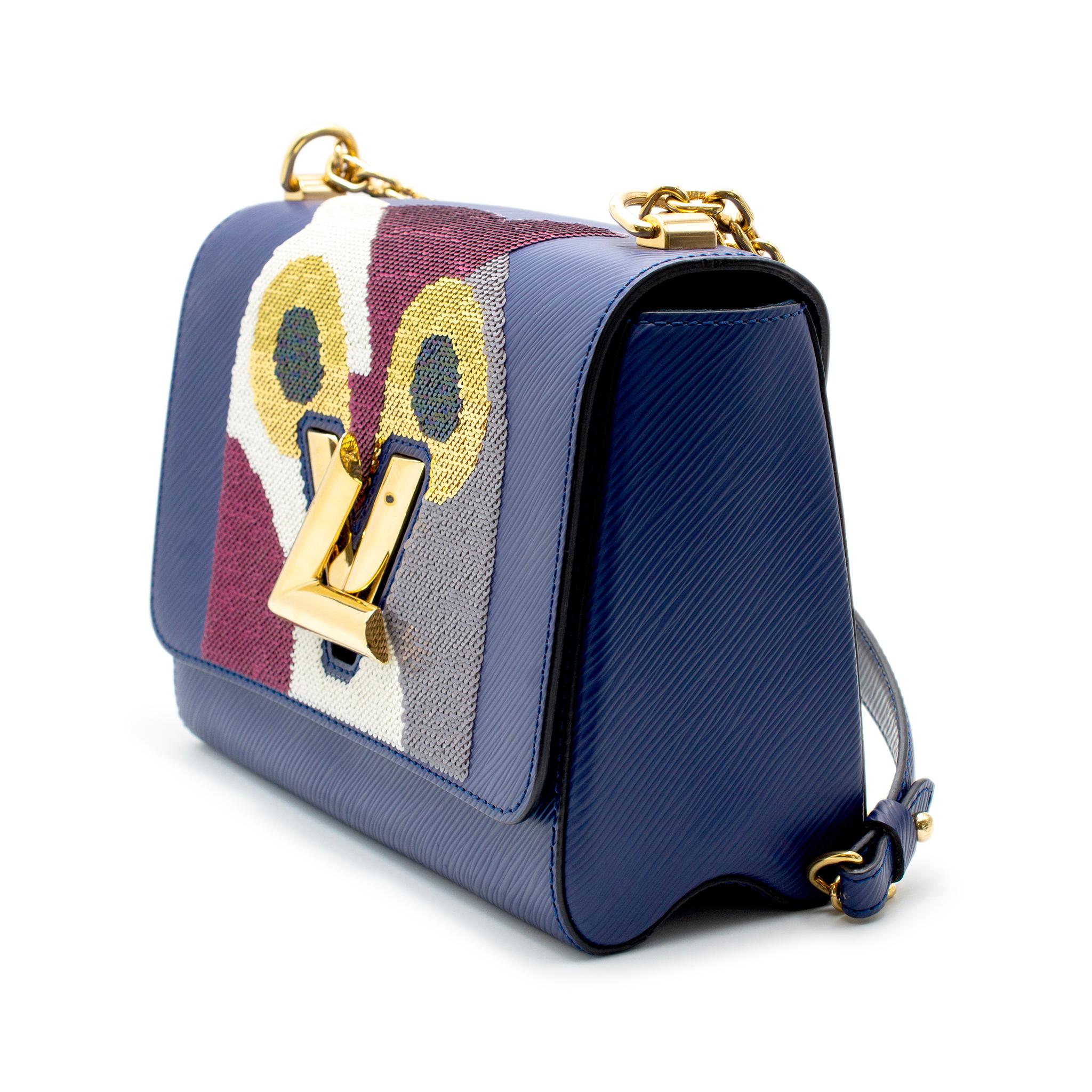 Louis Vuitton Twist MM Navy Leather & Sequin Night Bird Ladies Handbag W/Box For Sale 2