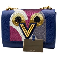 Louis Vuitton Twist MM Marineblaue Damenhandtasche aus Leder & Pailletten mit Nachtvogel mit Box