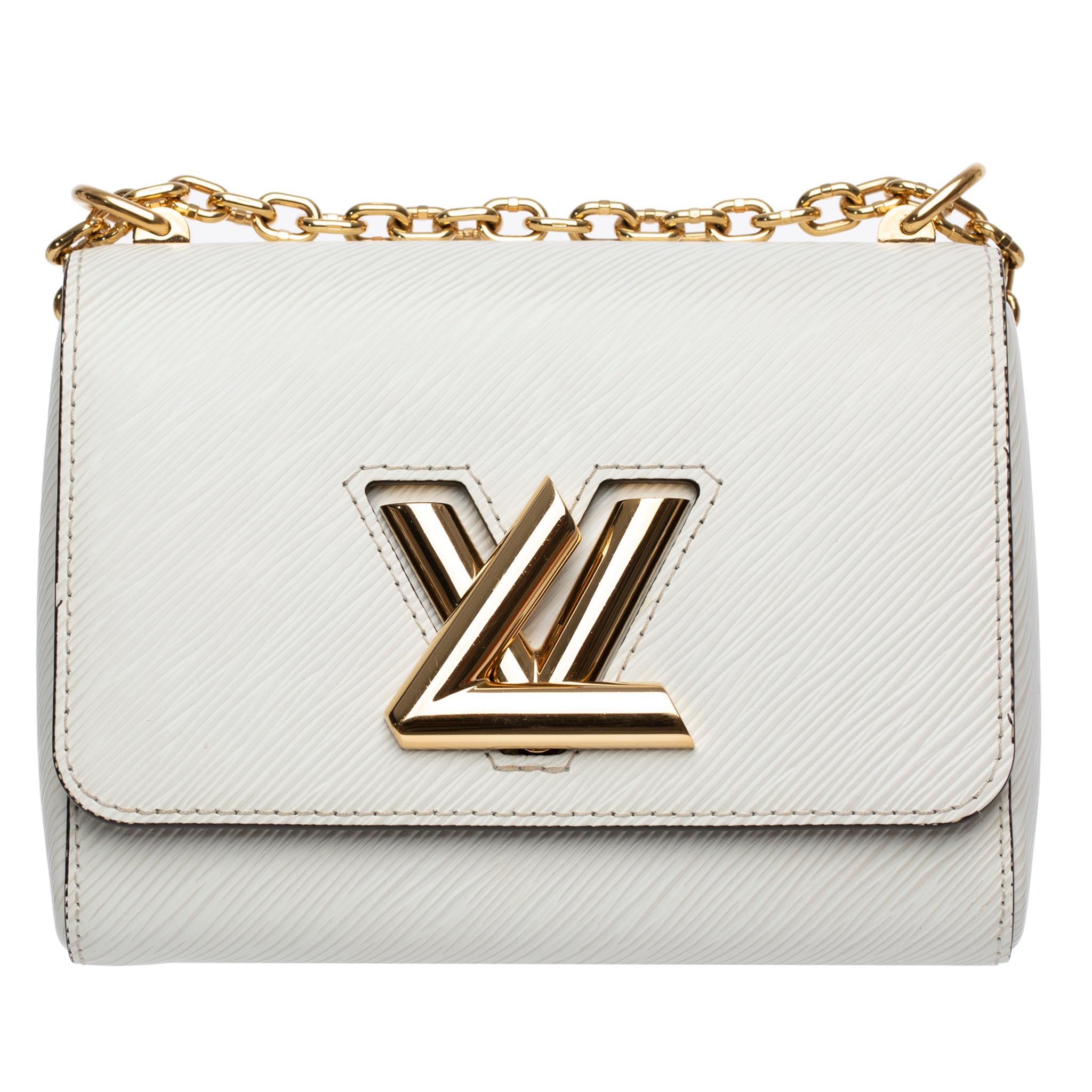 Brand: Louis Vuitton

Product: Twist Shoulder Bag PM With Pocket Mirror

Size: L 19 X H 15 X D 9 Cm

Colour: Off White

Strap Drop: Maximum: 54 Cm  Minimum: 29 Cm

Material: Epi Leather

Hardware: Gold-Tone

Condition: Preloved;