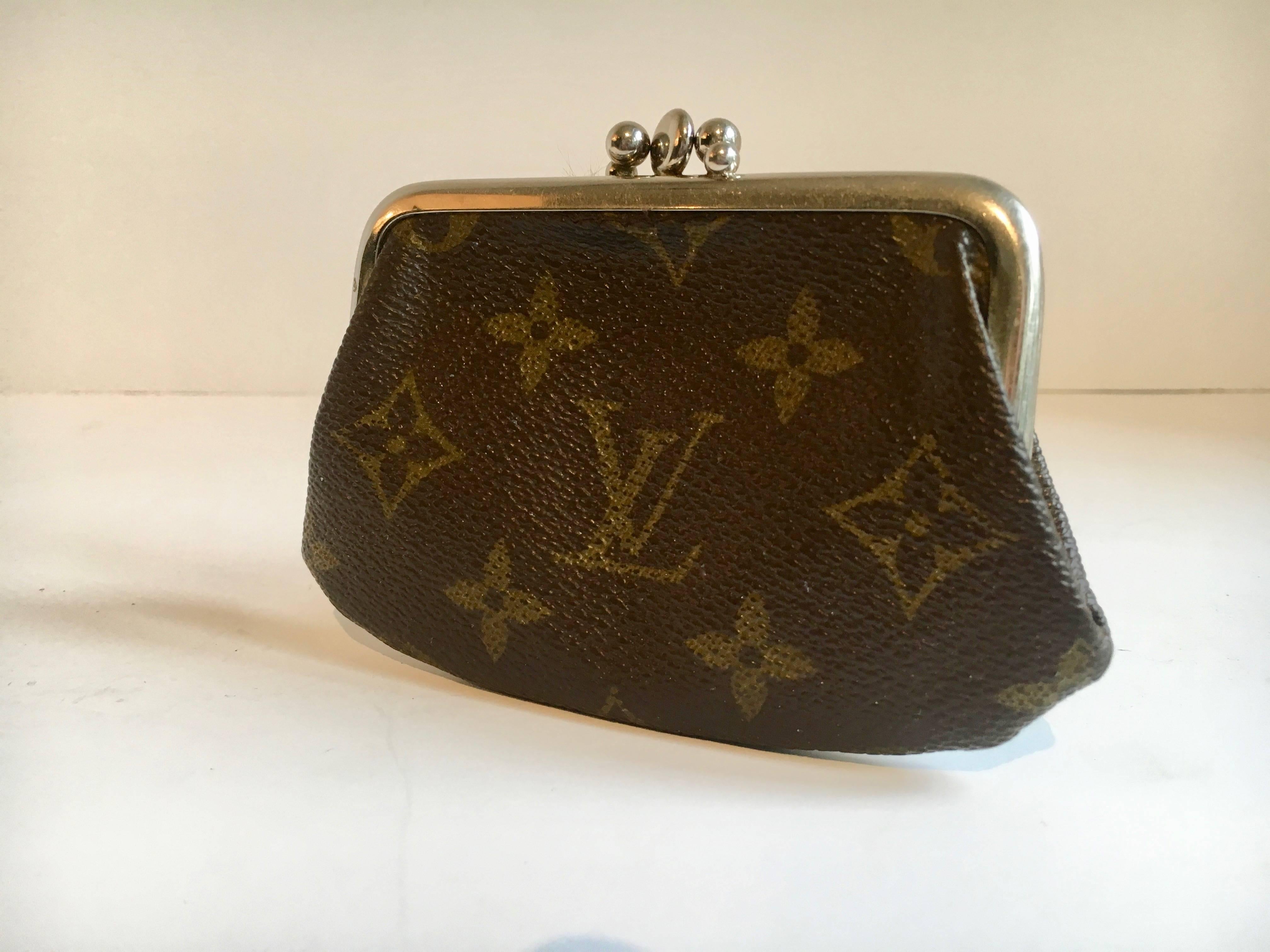 Rare Two Compartment Louis Vuitton Coin Purse - a middle clear plastic divider allows one to see what is in the other side.  The Satin interior does have some condition issues on one side - we believe this truly adds to the beauty of the patinated